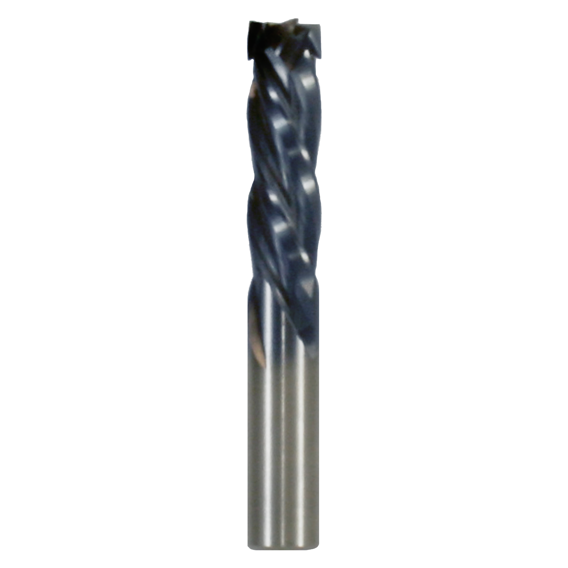 Black and silver mortise compression bit with four flutes and a flat cutting head, approximately 1/2 inch diameter.