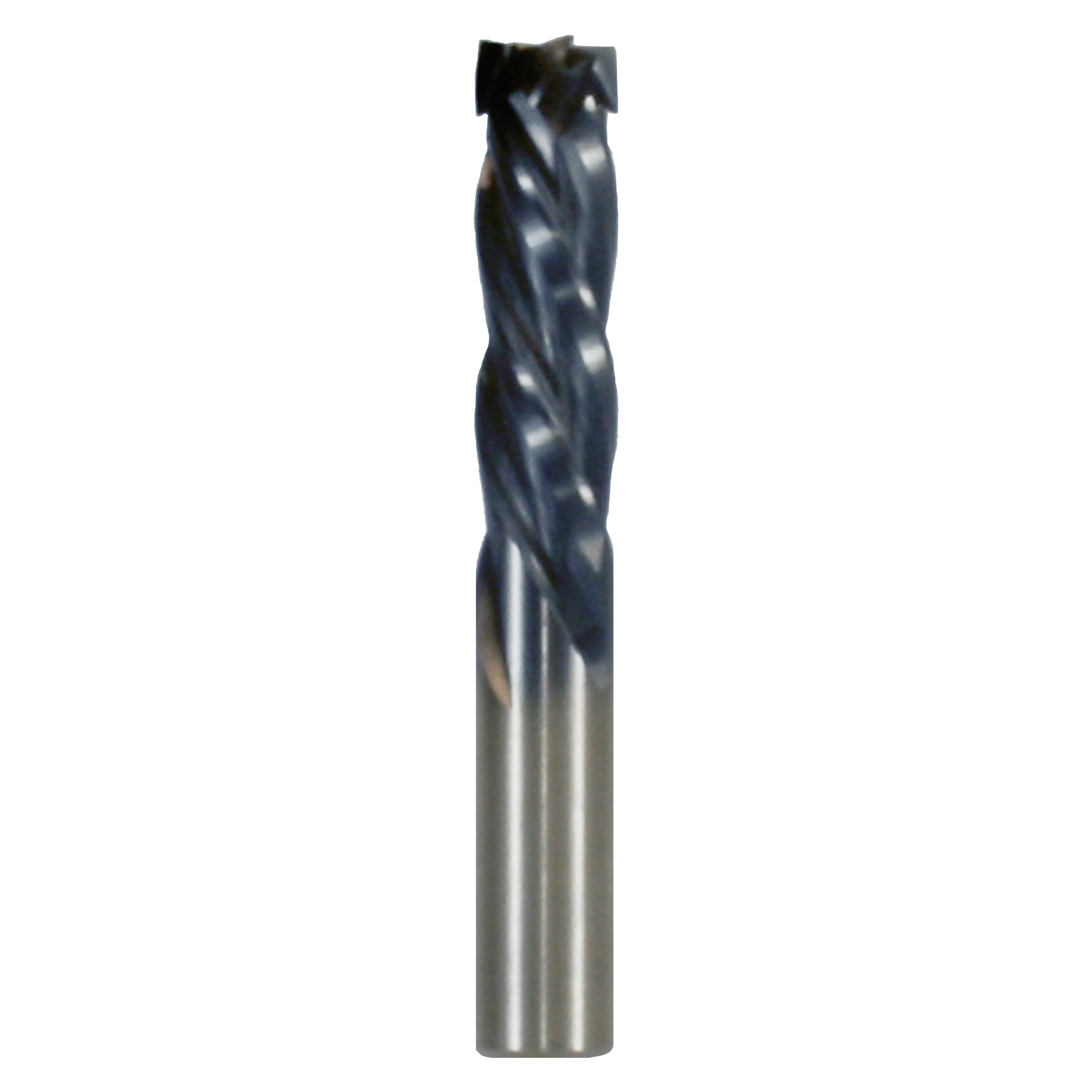 Black and silver mortise compression bit with four flutes and a flat cutting head, approximately 1/2 inch diameter.