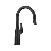 Matte black pull-down kitchen faucet with curved spout and single lever handle.