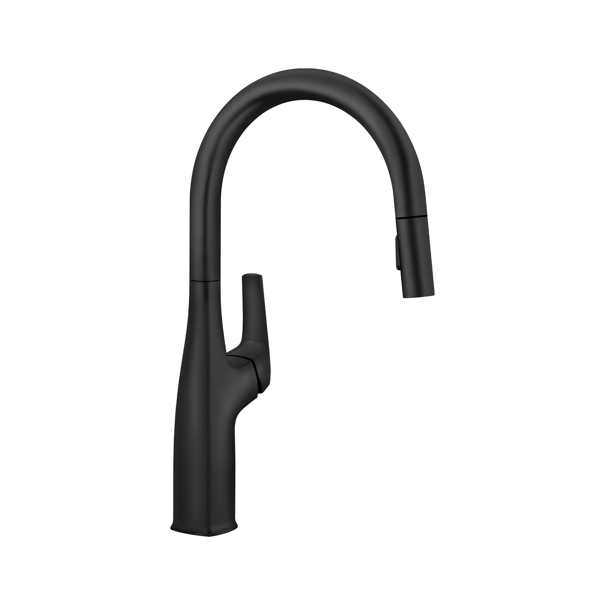 Matte black pull-down kitchen faucet with curved spout and single lever handle.