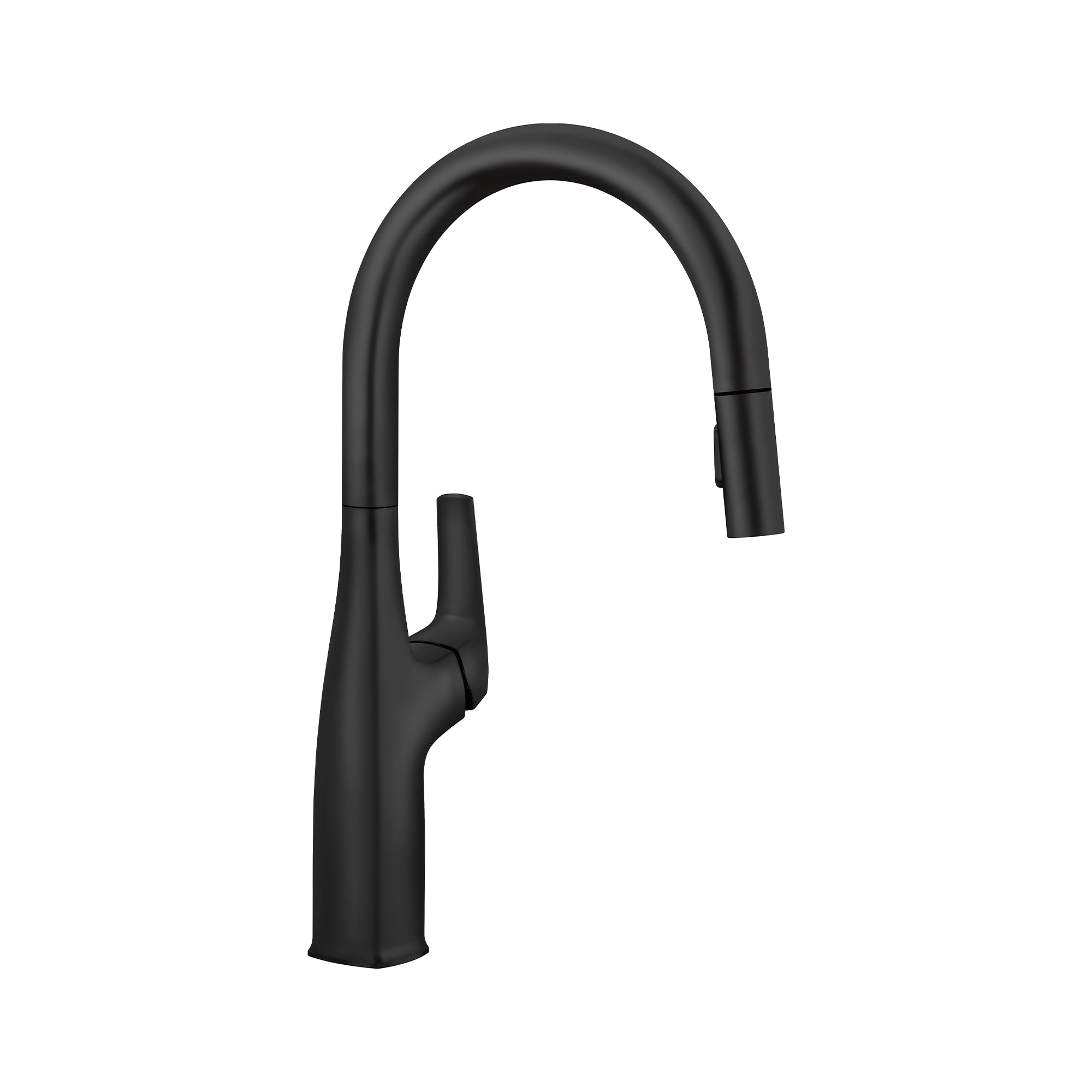 Matte black pull-down kitchen faucet with curved spout and single lever handle.