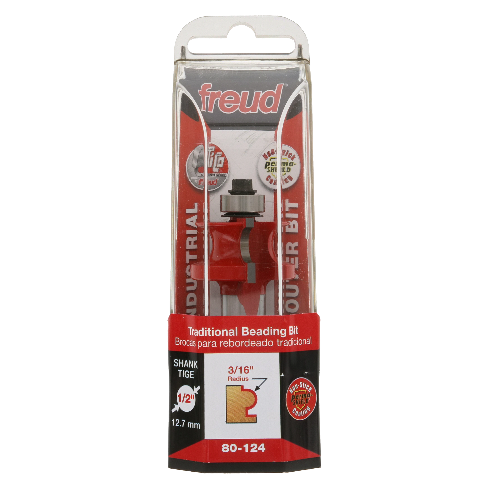 Freud 80-124 beading bit with 3/16" radius in clear clamshell packaging showing router bit specifications.