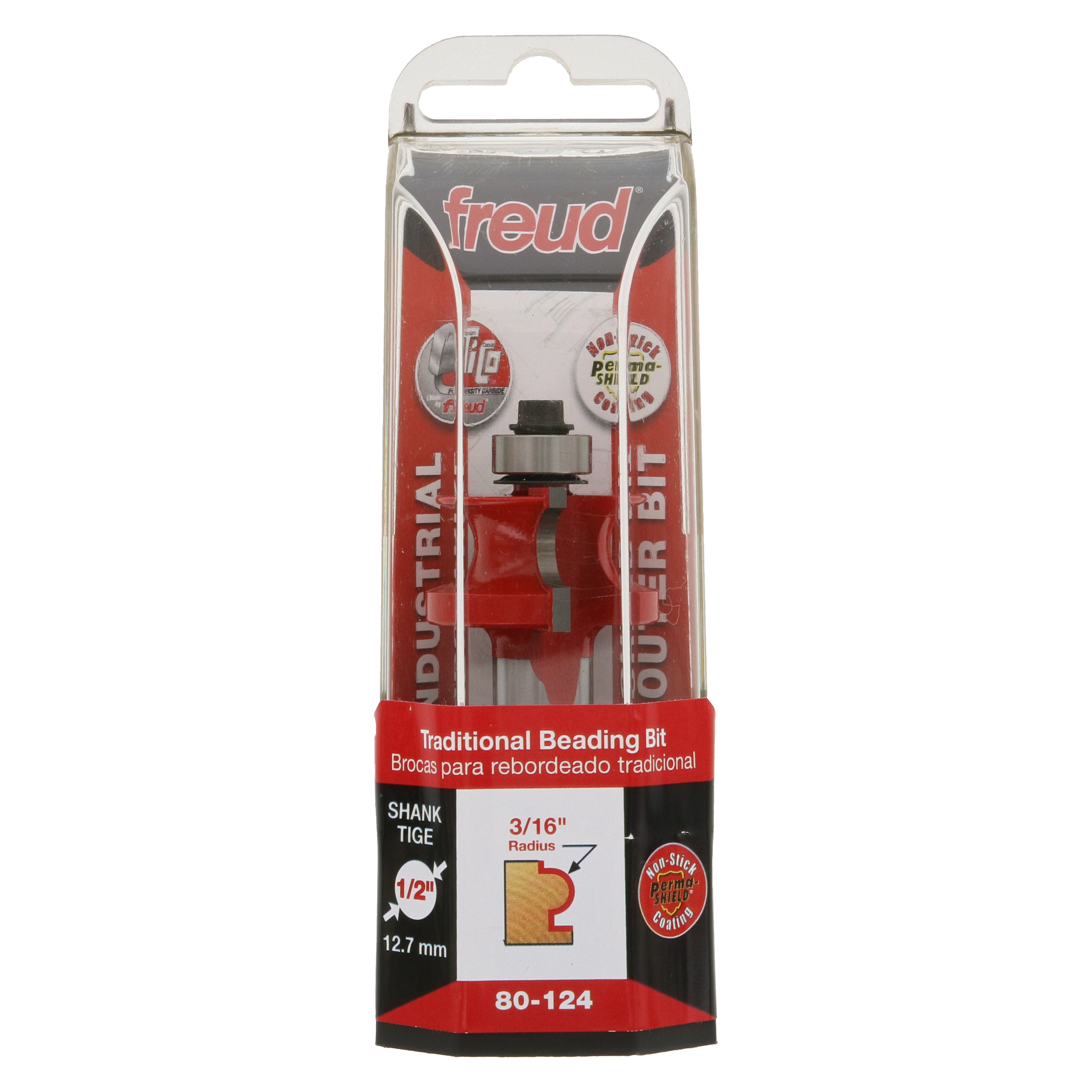 Freud 80-124 beading bit with 3/16" radius in clear clamshell packaging showing router bit specifications.