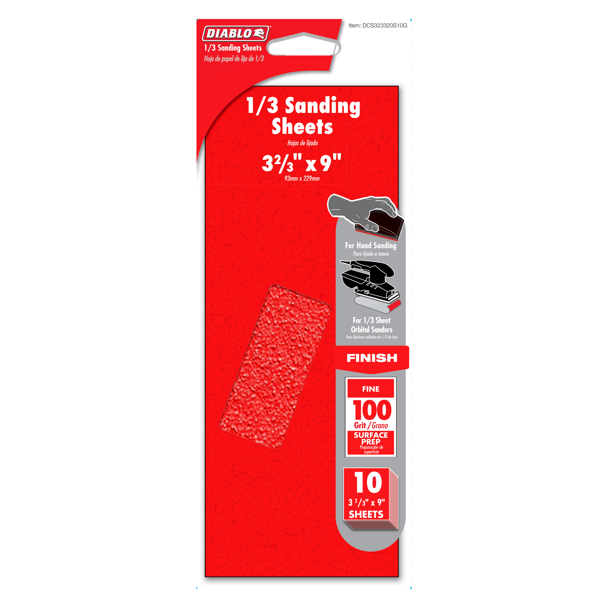 Diablo 1/3 sheet sanding sheets in 100-grit, 3⅝" x 9" size, pack of 10 with red abrasive surface visible on packaging.