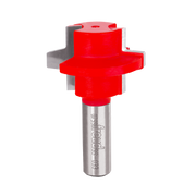 Red and gray wedge tongue and groove router bit with cylindrical steel shank and cutting edges.