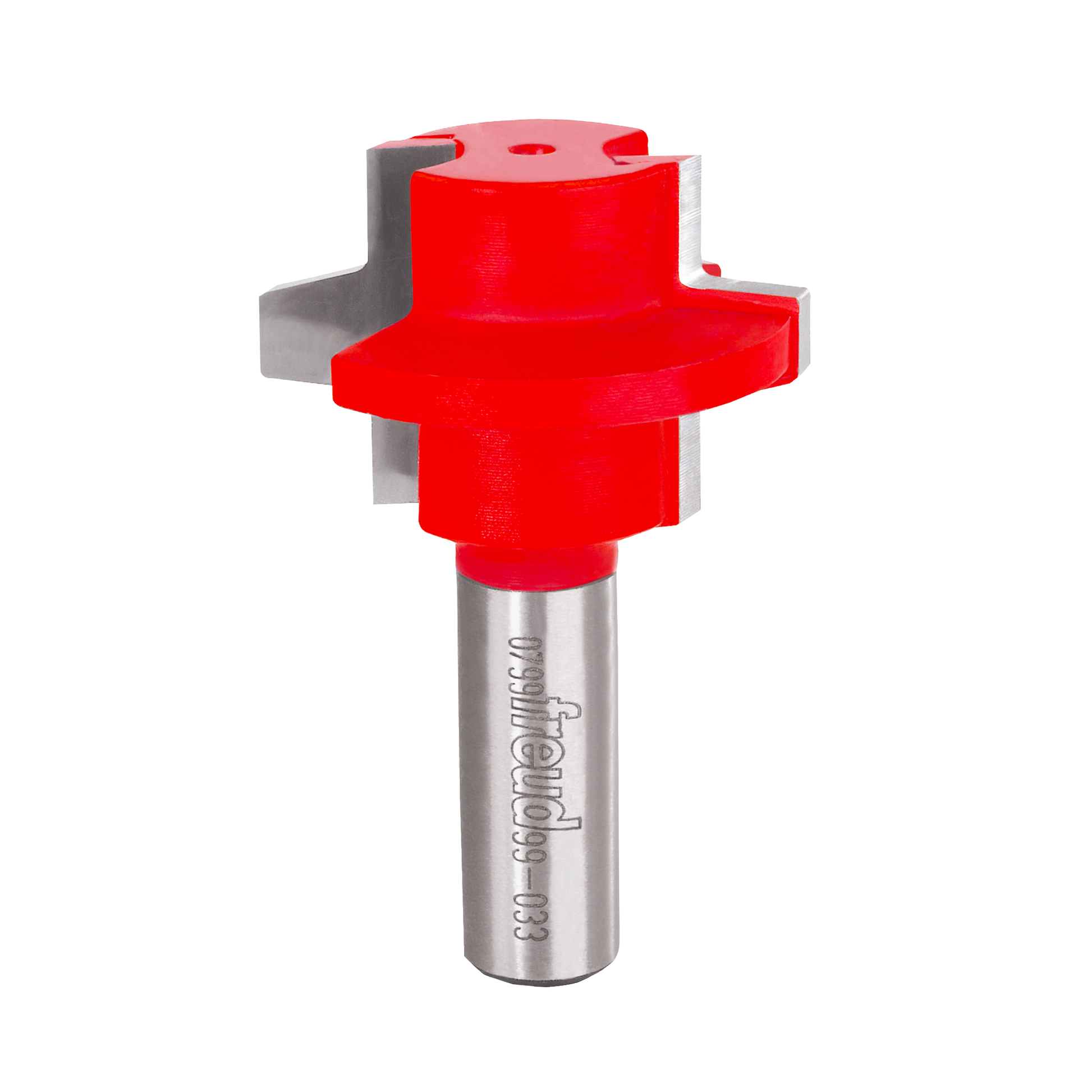 Red and gray wedge tongue and groove router bit with cylindrical steel shank and cutting edges.