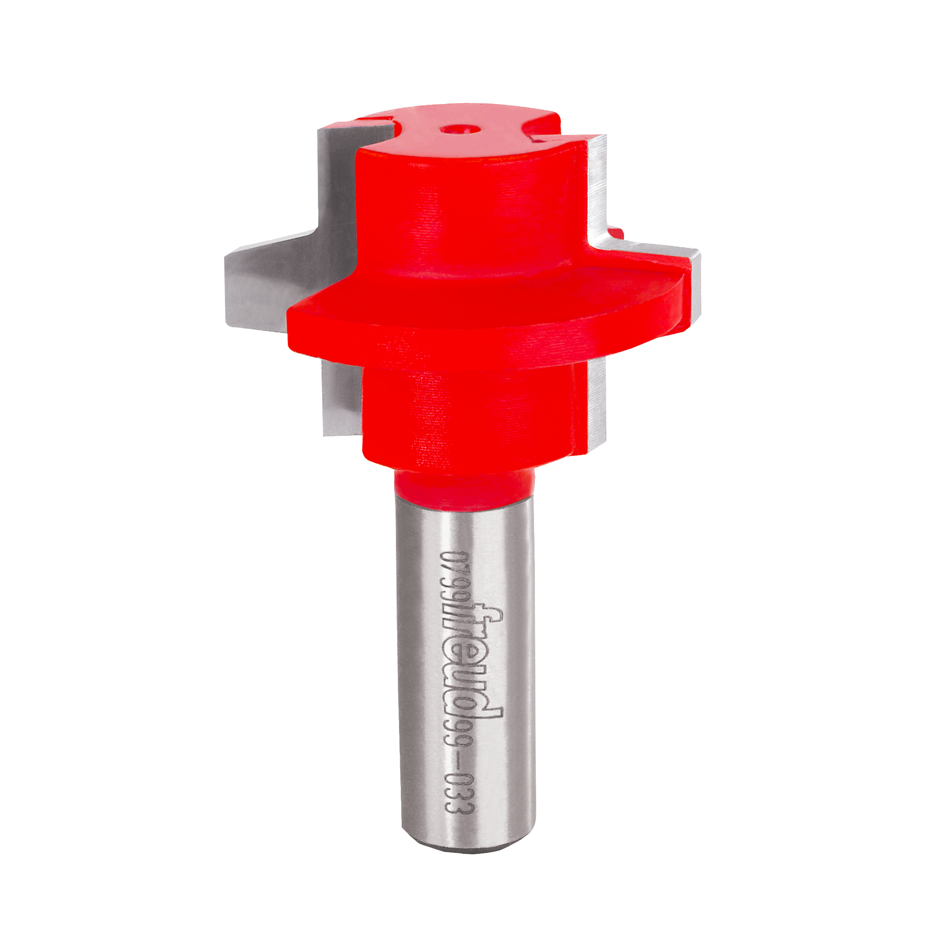 Red and gray wedge tongue and groove router bit with cylindrical steel shank and cutting edges.