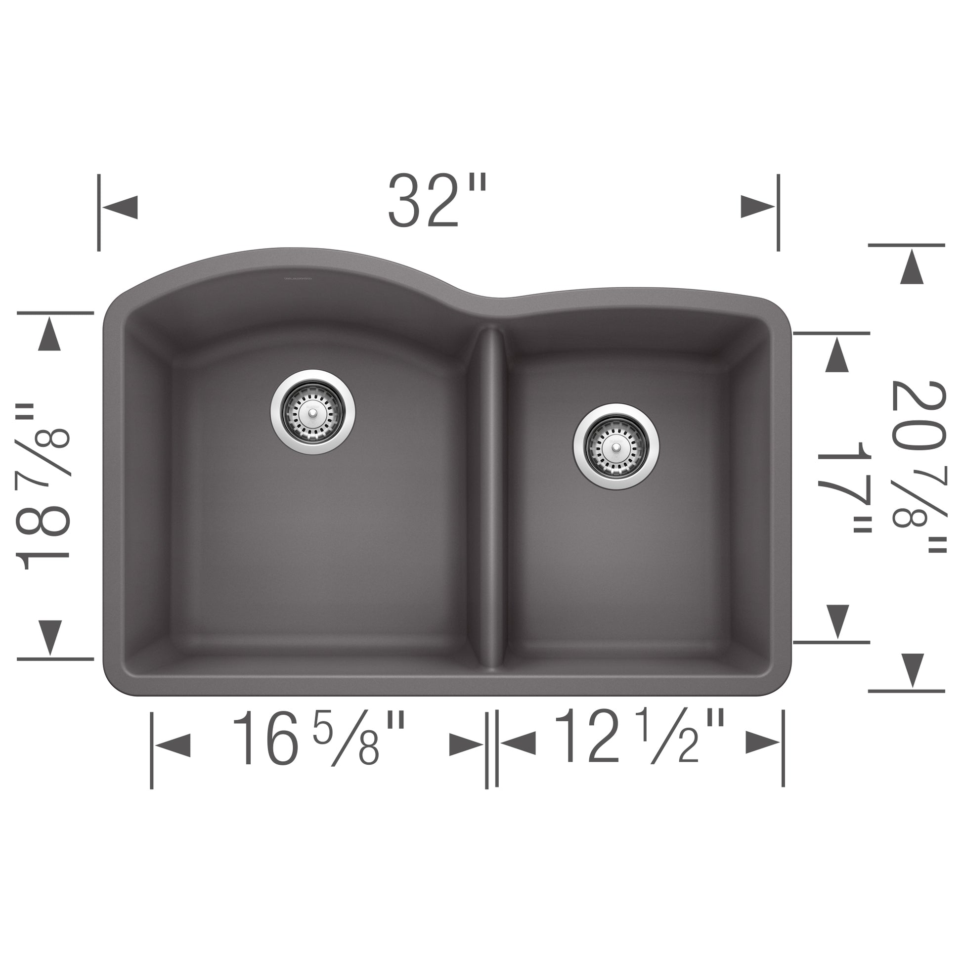 Cinder gray undermount kitchen sink with two unequal bowls and drain holes, dimensions marked.