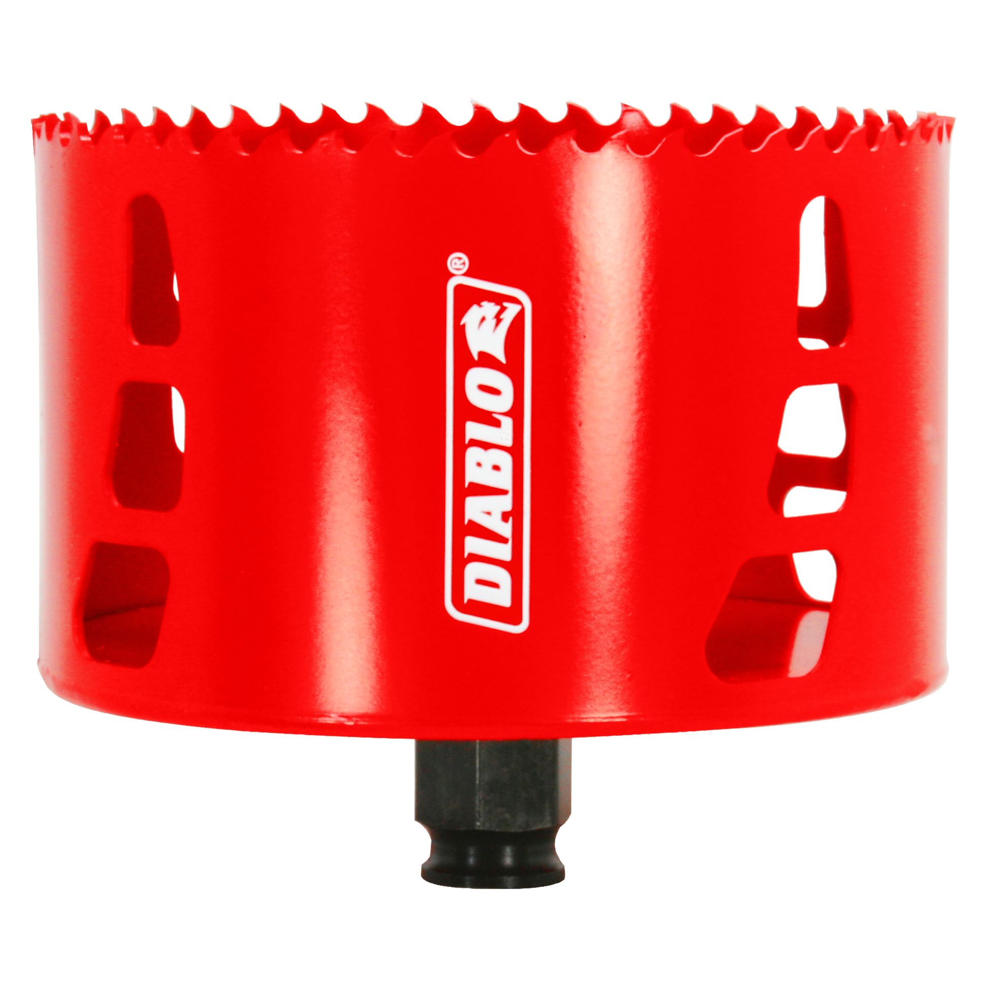 Red Diablo hole saw with serrated cutting edge and black arbor shaft on white background.
