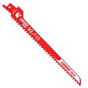 Red Diablo reciprocating saw blade with serrated cutting edge and mounting hole at top.
