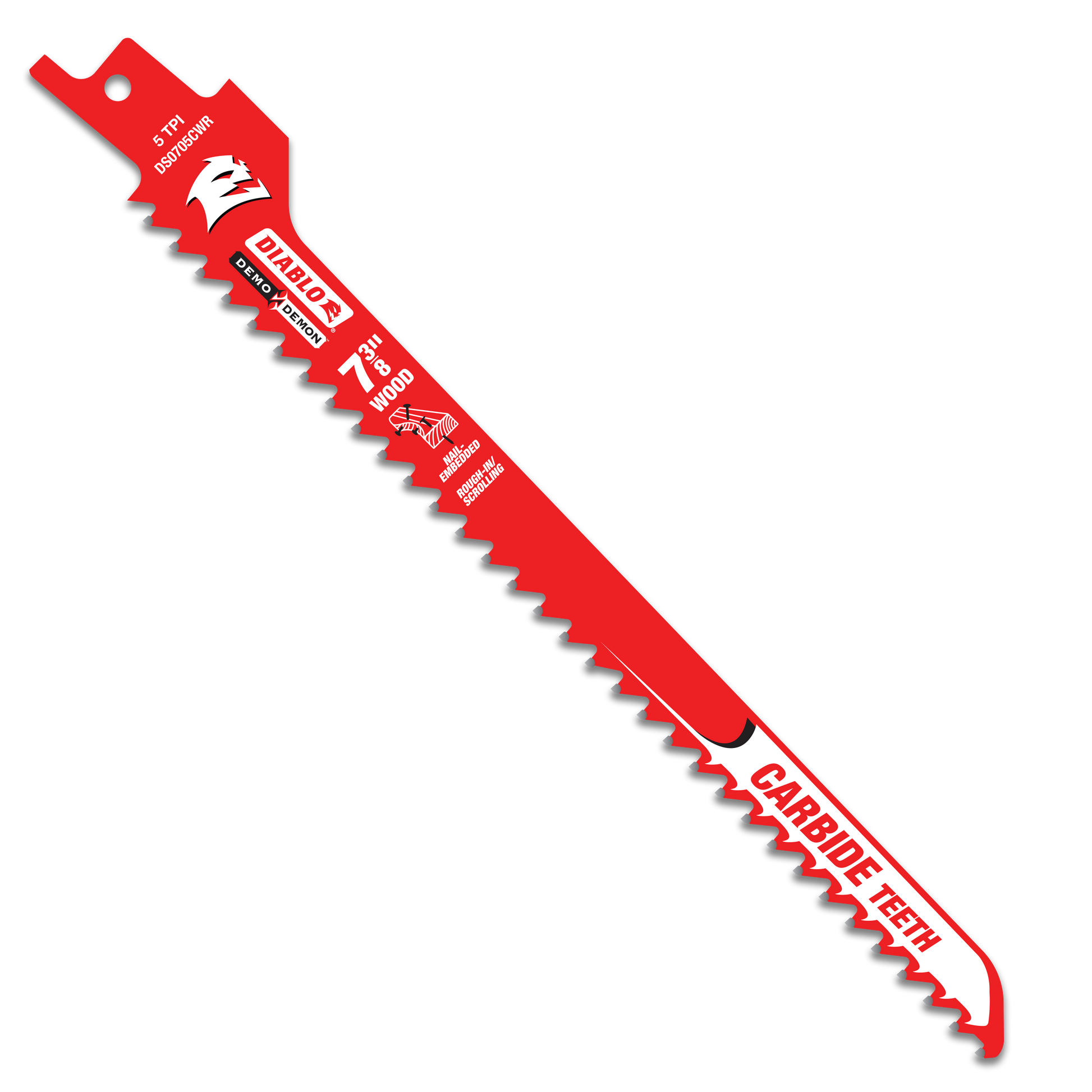 Red Diablo reciprocating saw blade with serrated cutting edge and mounting hole at top.