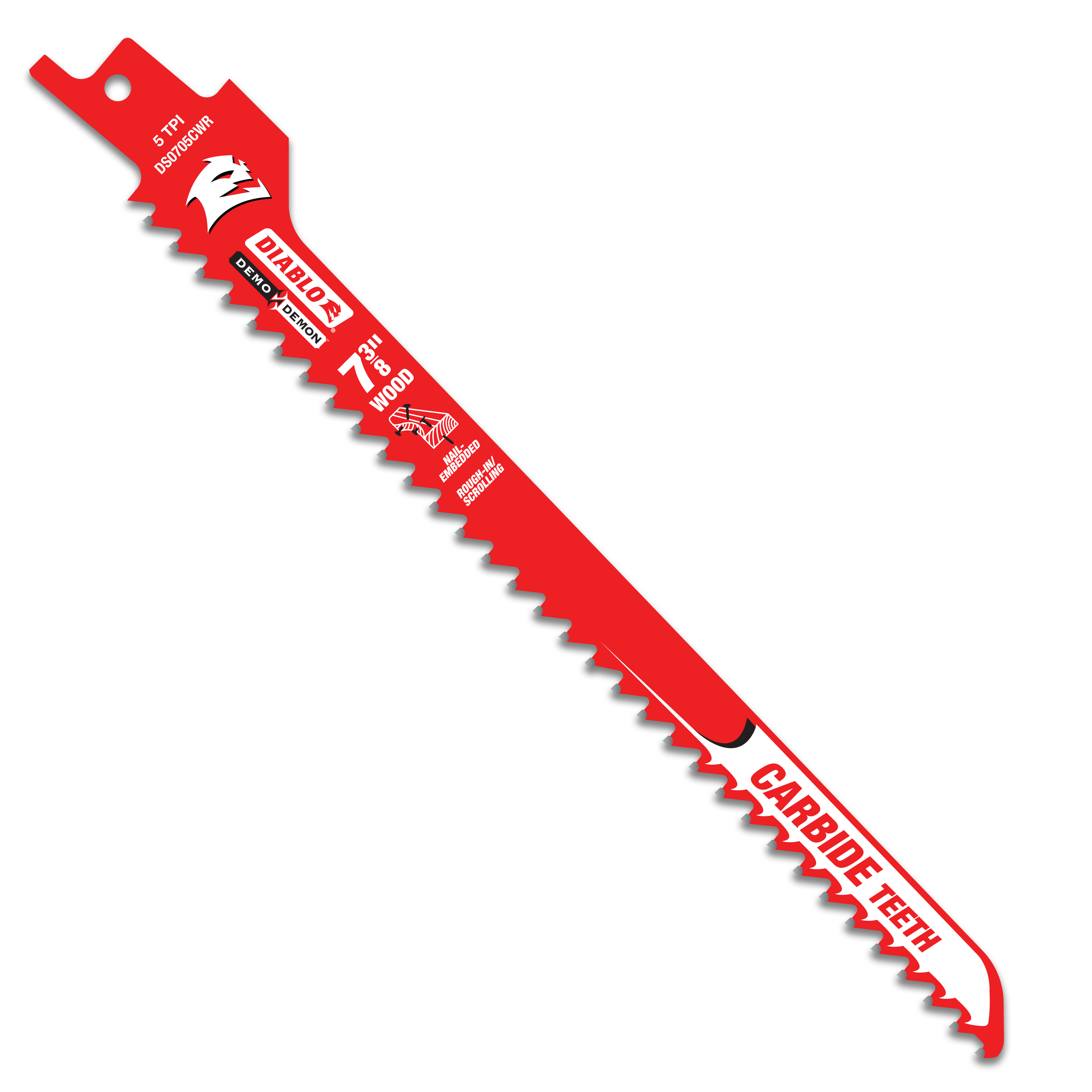 Red Diablo reciprocating saw blade with serrated cutting edge and mounting hole at top.