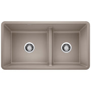 Truffle-colored undermount kitchen sink with two equal basins separated by low divider and chrome drain strainers.