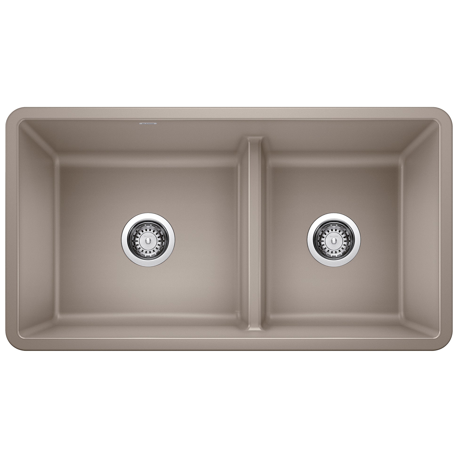 Truffle-colored undermount kitchen sink with two equal basins separated by low divider and chrome drain strainers.