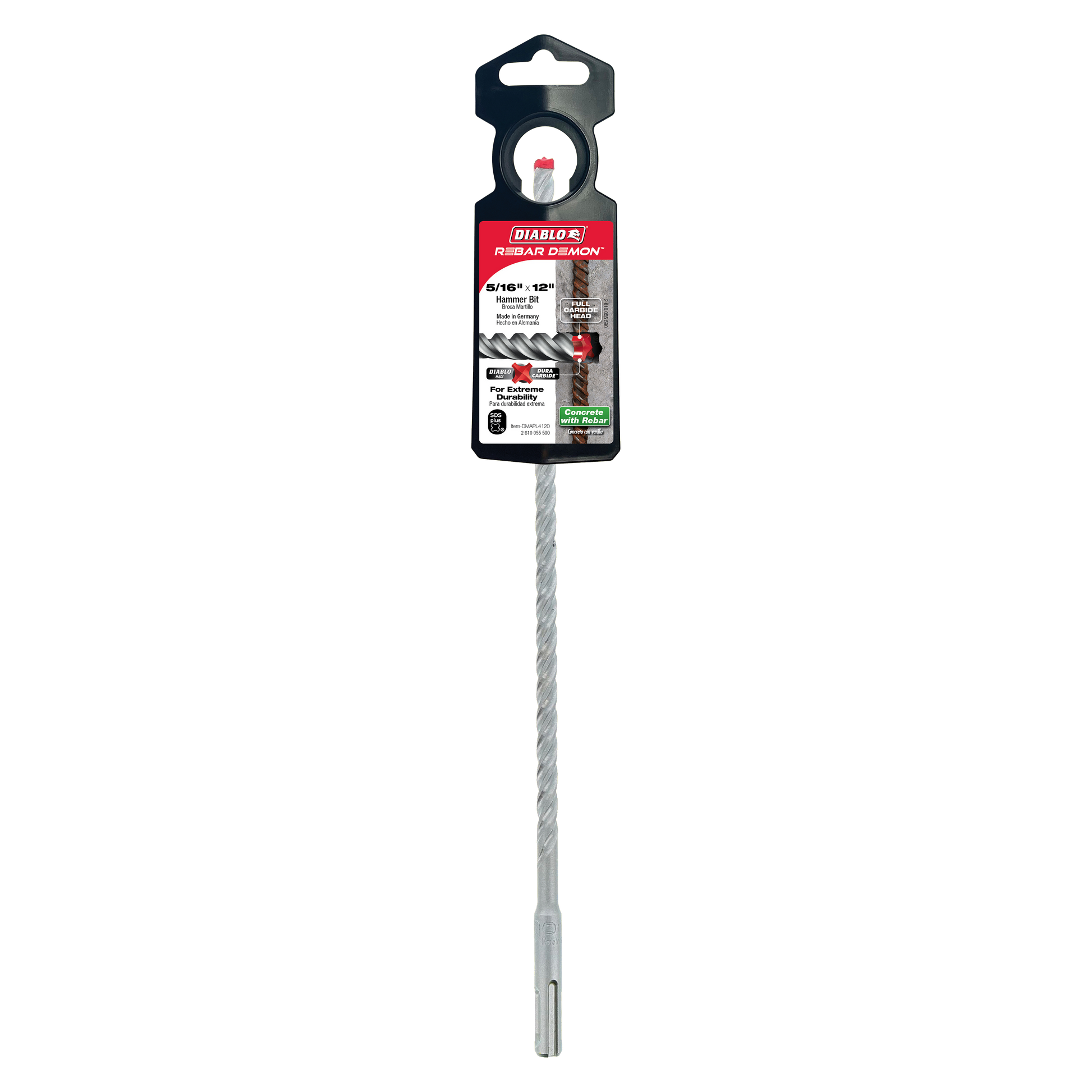 Diablo Rebar Demon SDS-Plus hammer drill bit with 4-cutter carbide head and twisted flute design in packaging.