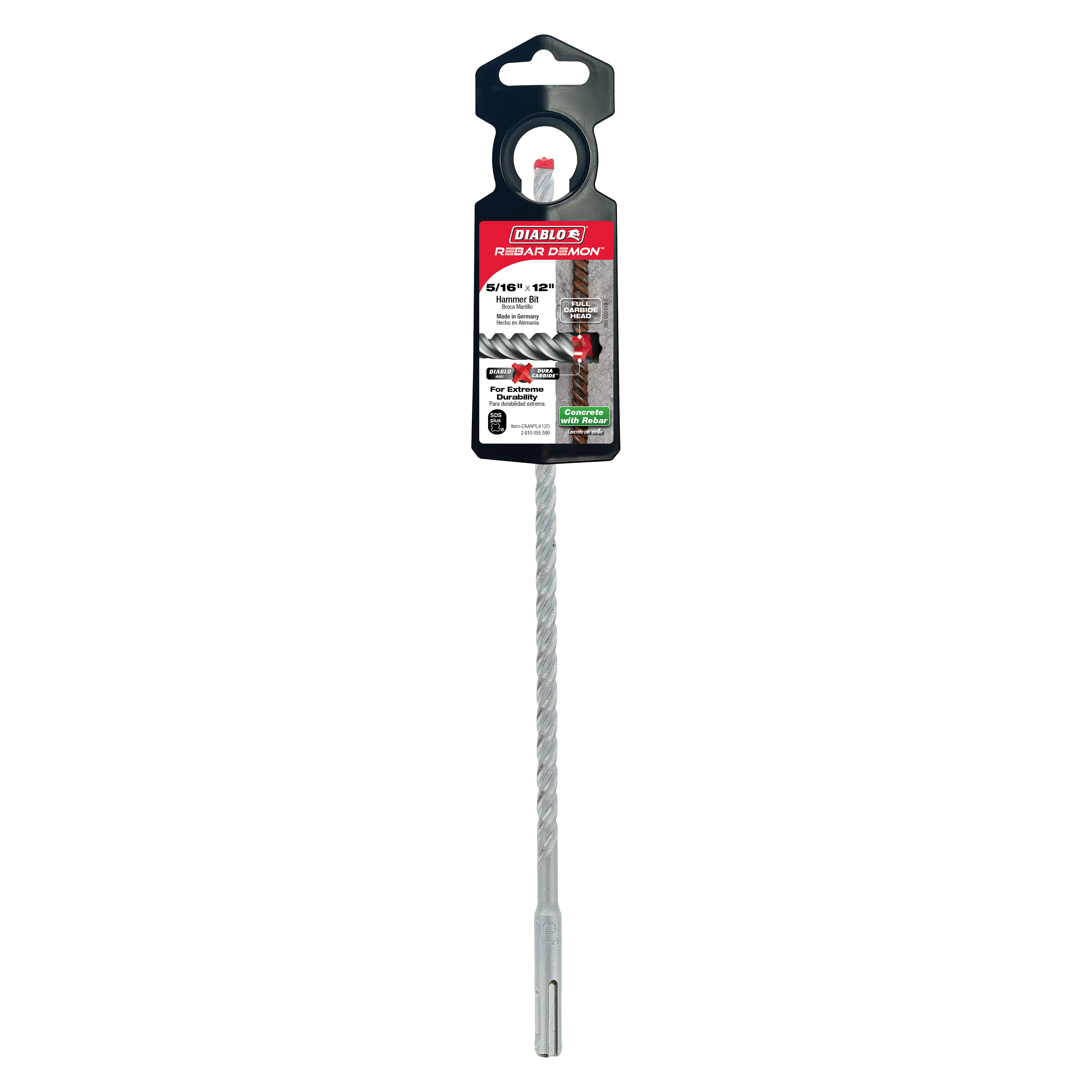 Diablo Rebar Demon SDS-Plus hammer drill bit with 4-cutter carbide head and twisted flute design in packaging.