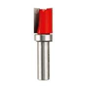 Router bit with red cutting head, metallic bearing ring, and silver shank for flush trimming applications.