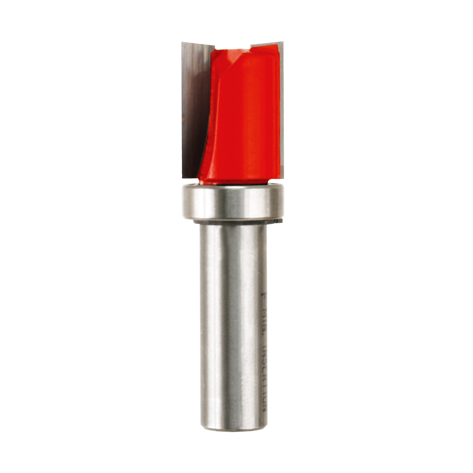 Router bit with red cutting head, metallic bearing ring, and silver shank for flush trimming applications.