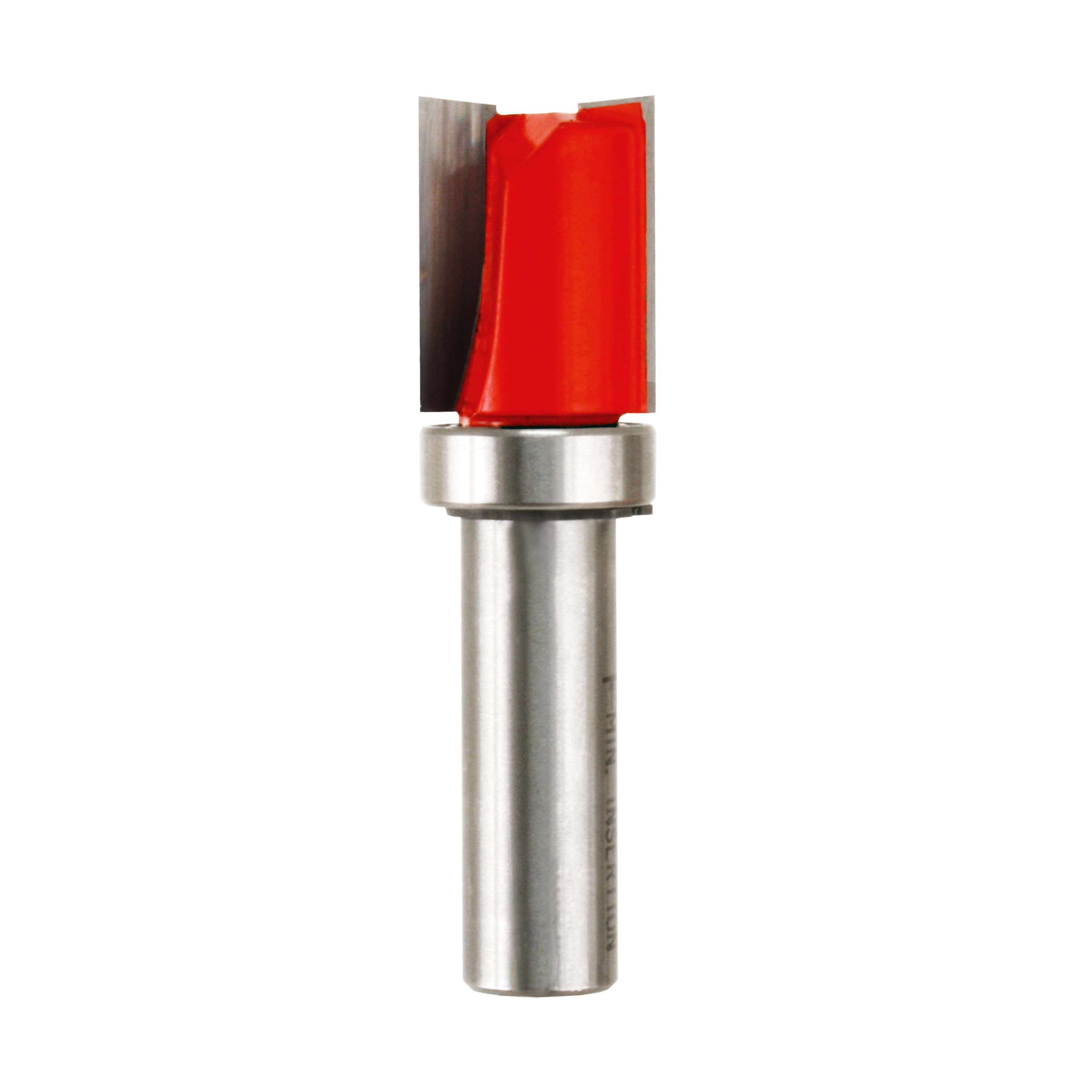 Router bit with red cutting head, metallic bearing ring, and silver shank for flush trimming applications.