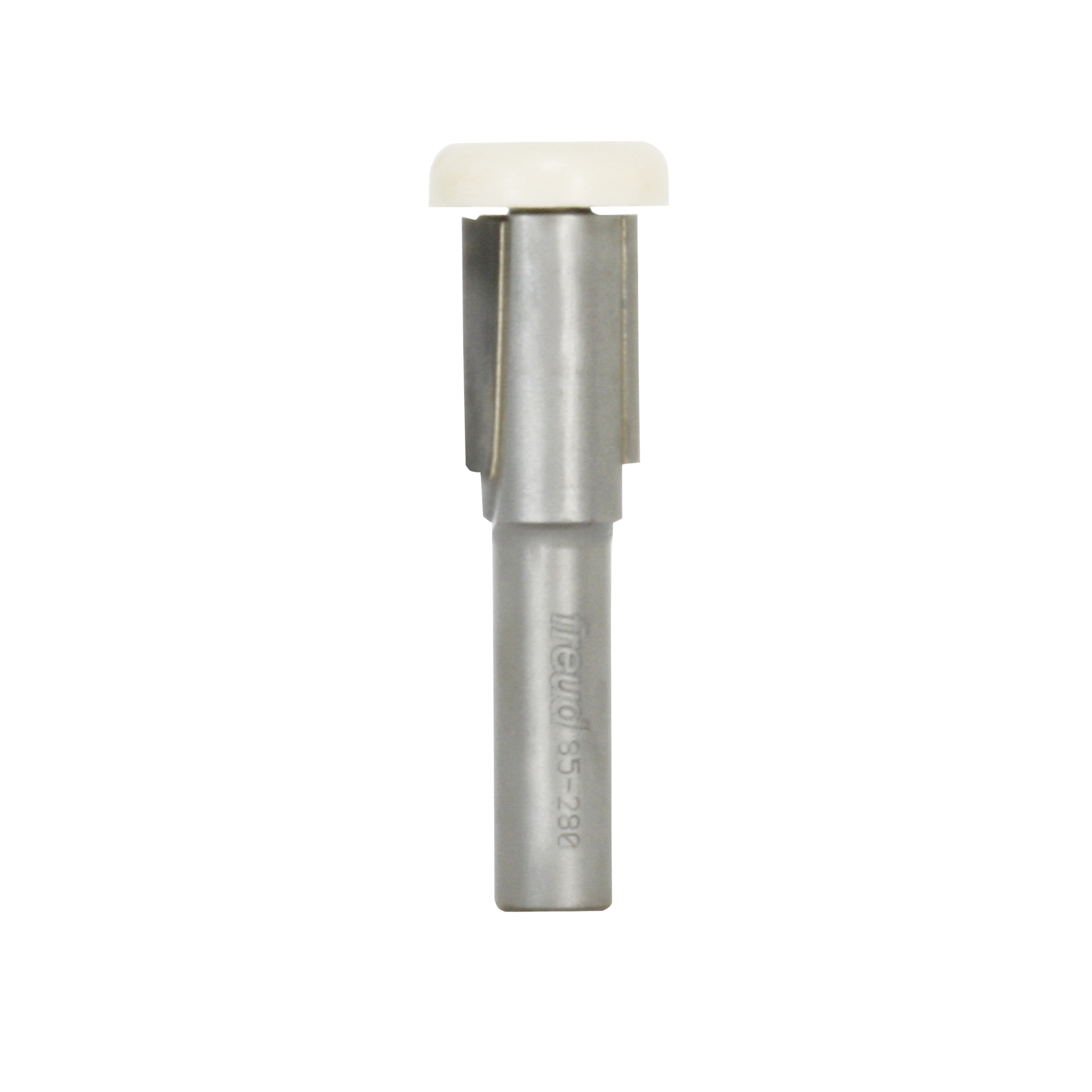 Freud 85-280 router bit with 3/4" diameter steel shank and white plastic bearing guide on top.