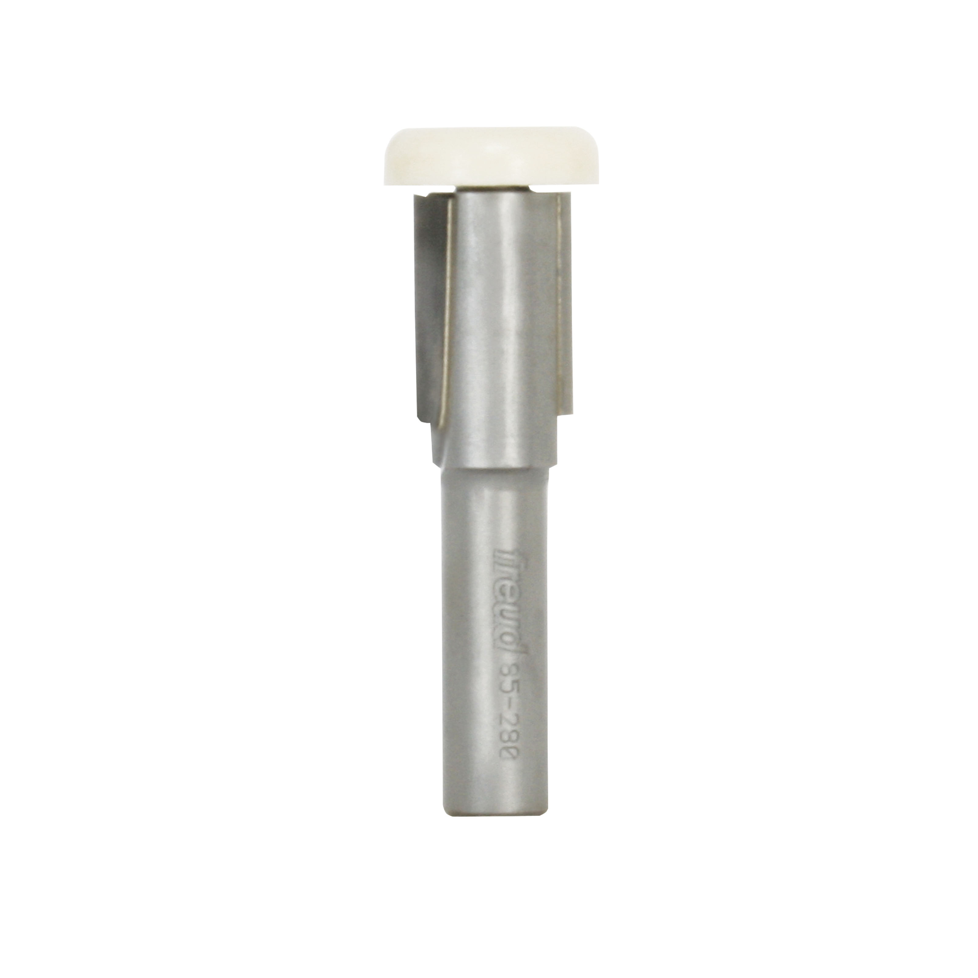 Freud 85-280 router bit with 3/4" diameter steel shank and white plastic bearing guide on top.