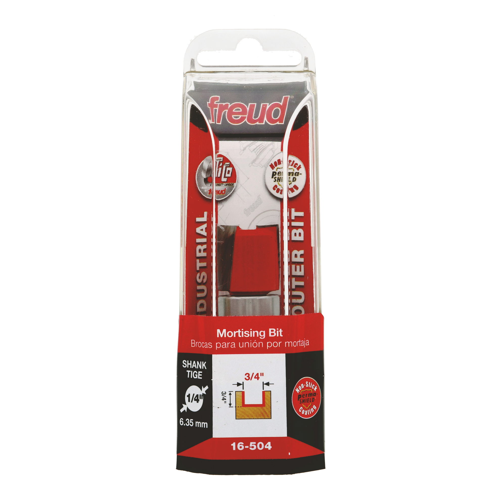 Freud 16-504 mortising bit with 3/4" diameter and 1/4" shank in red packaging.