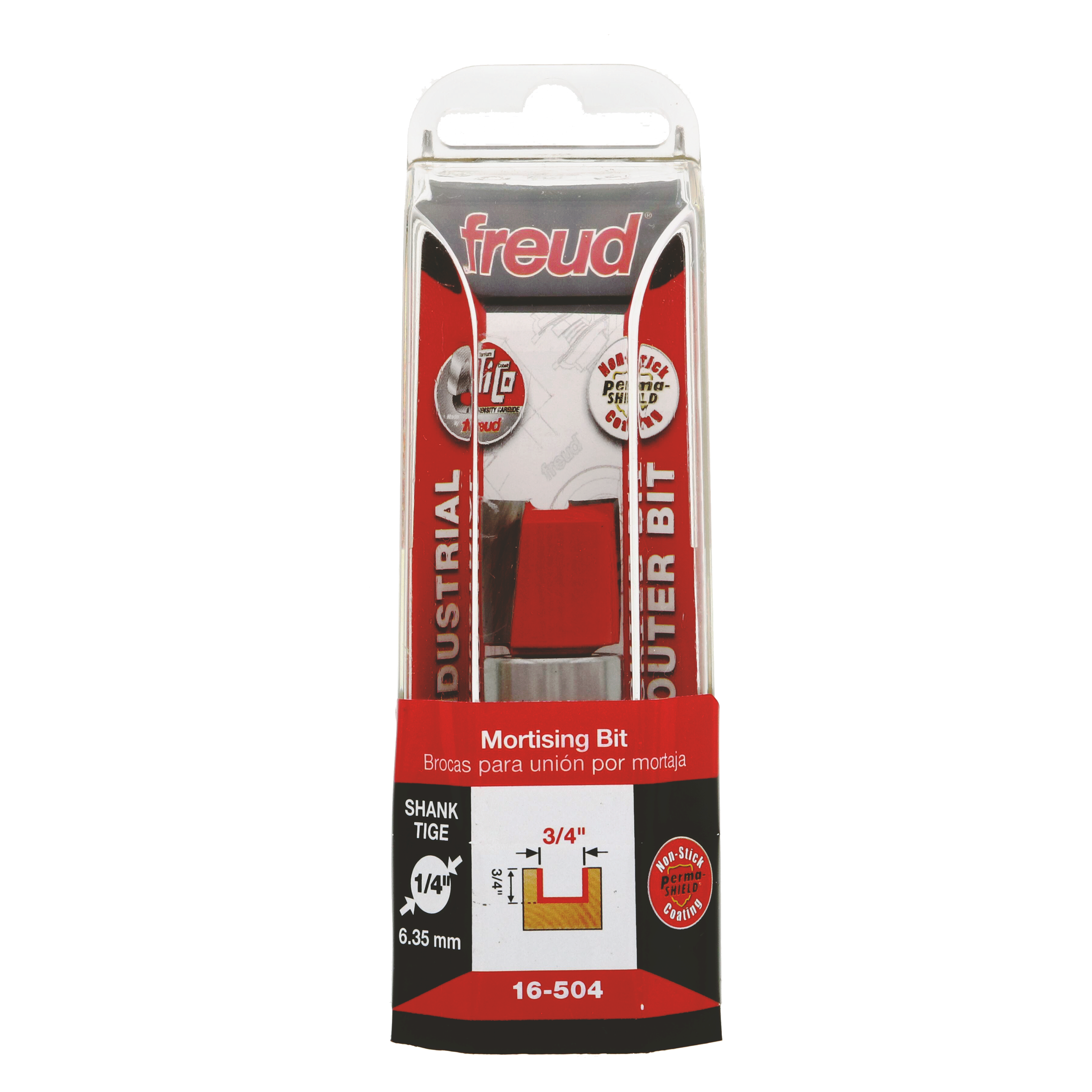 Freud 16-504 mortising bit with 3/4" diameter and 1/4" shank in red packaging.
