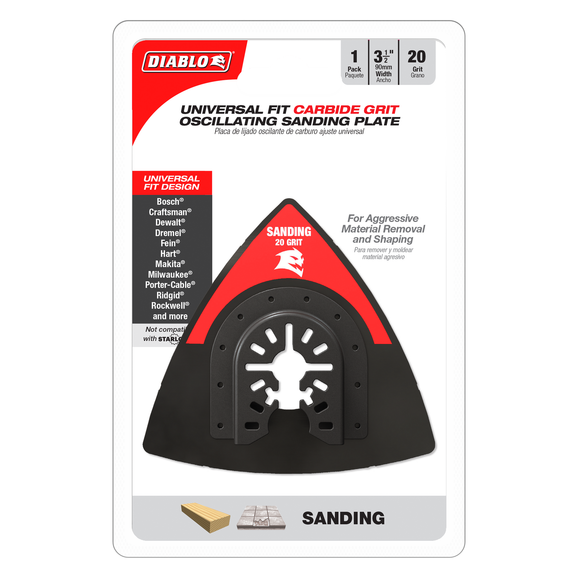 Black and red triangular sanding plate with carbide grit surface and universal fit mounting holes.