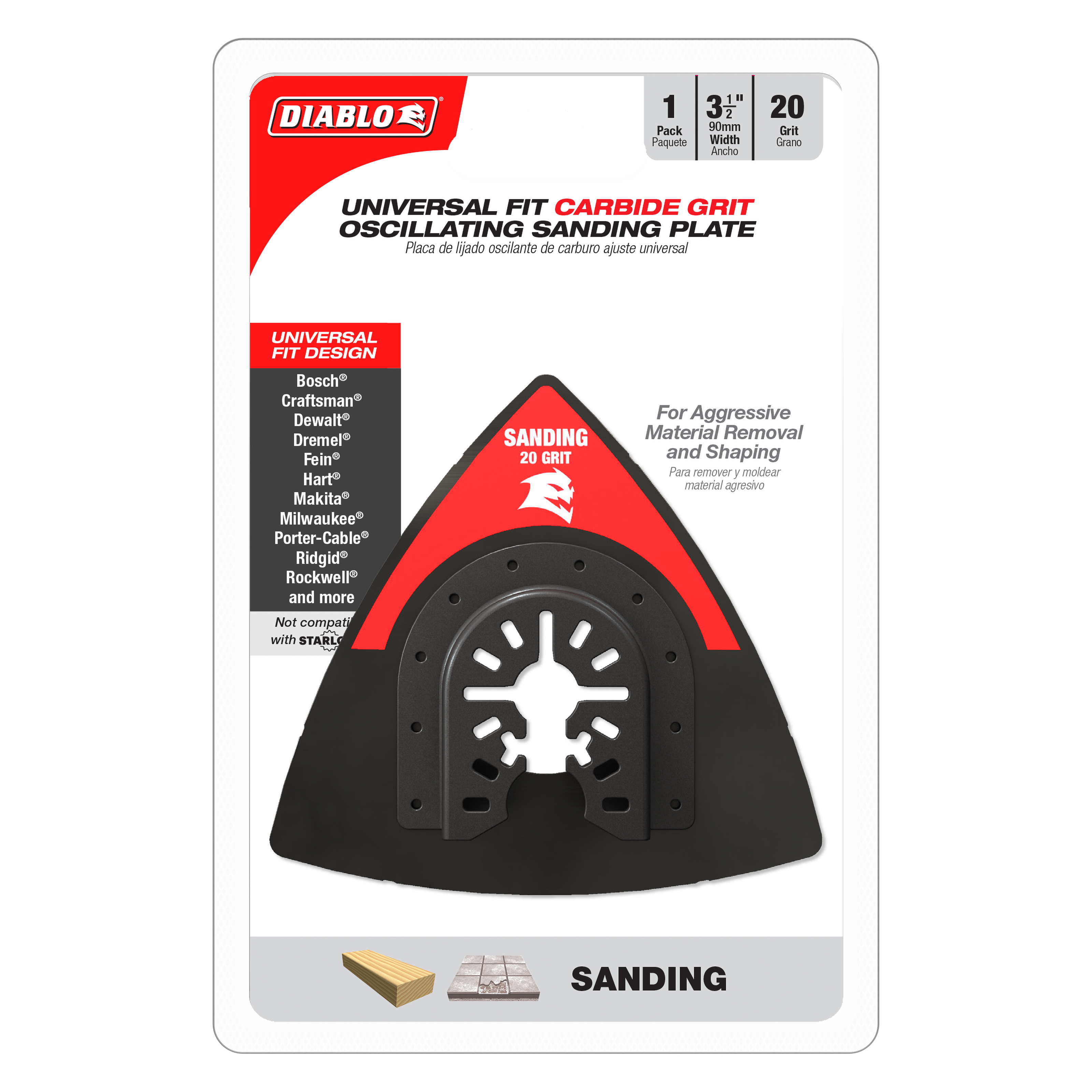 Black and red triangular sanding plate with carbide grit surface and universal fit mounting holes.