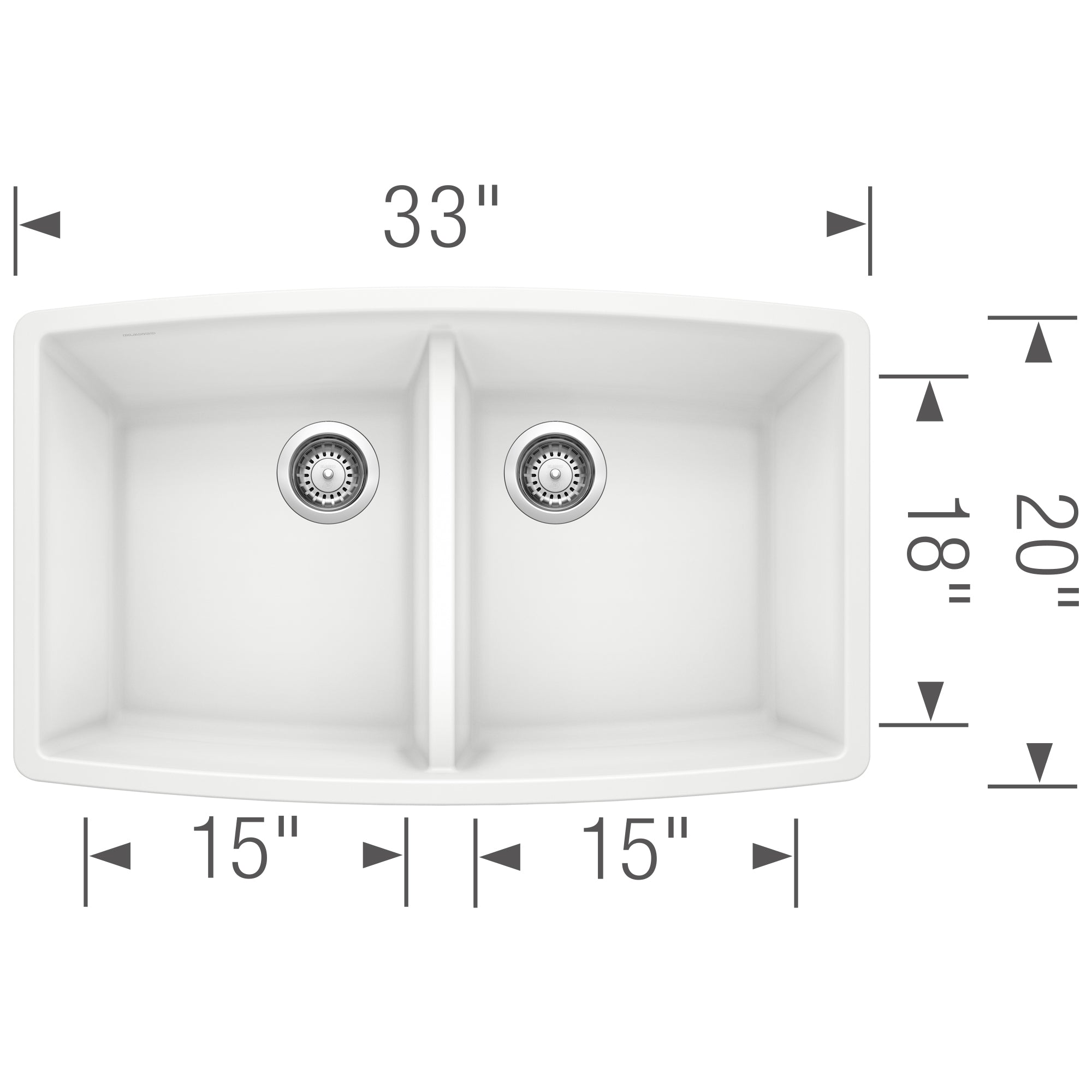 White double bowl undermount kitchen sink with rounded corners, drain strainers in each bowl, 33" width and 20" depth.