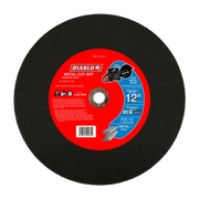 Black metal cut-off disc with red Diablo label showing 12 inch diameter and 1 inch arbor specifications.
