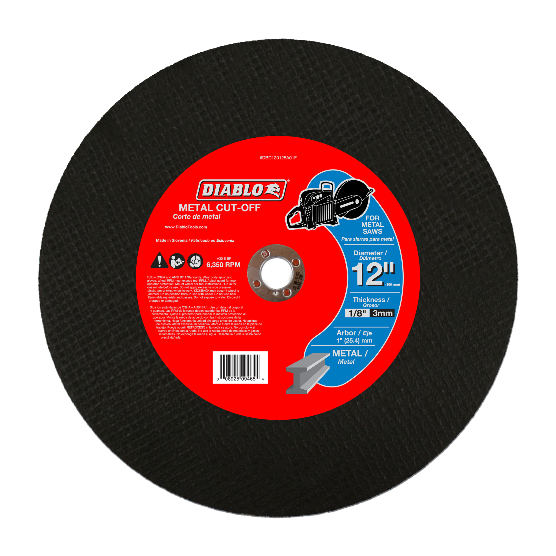 Black metal cut-off disc with red Diablo label showing 12 inch diameter and 1 inch arbor specifications.