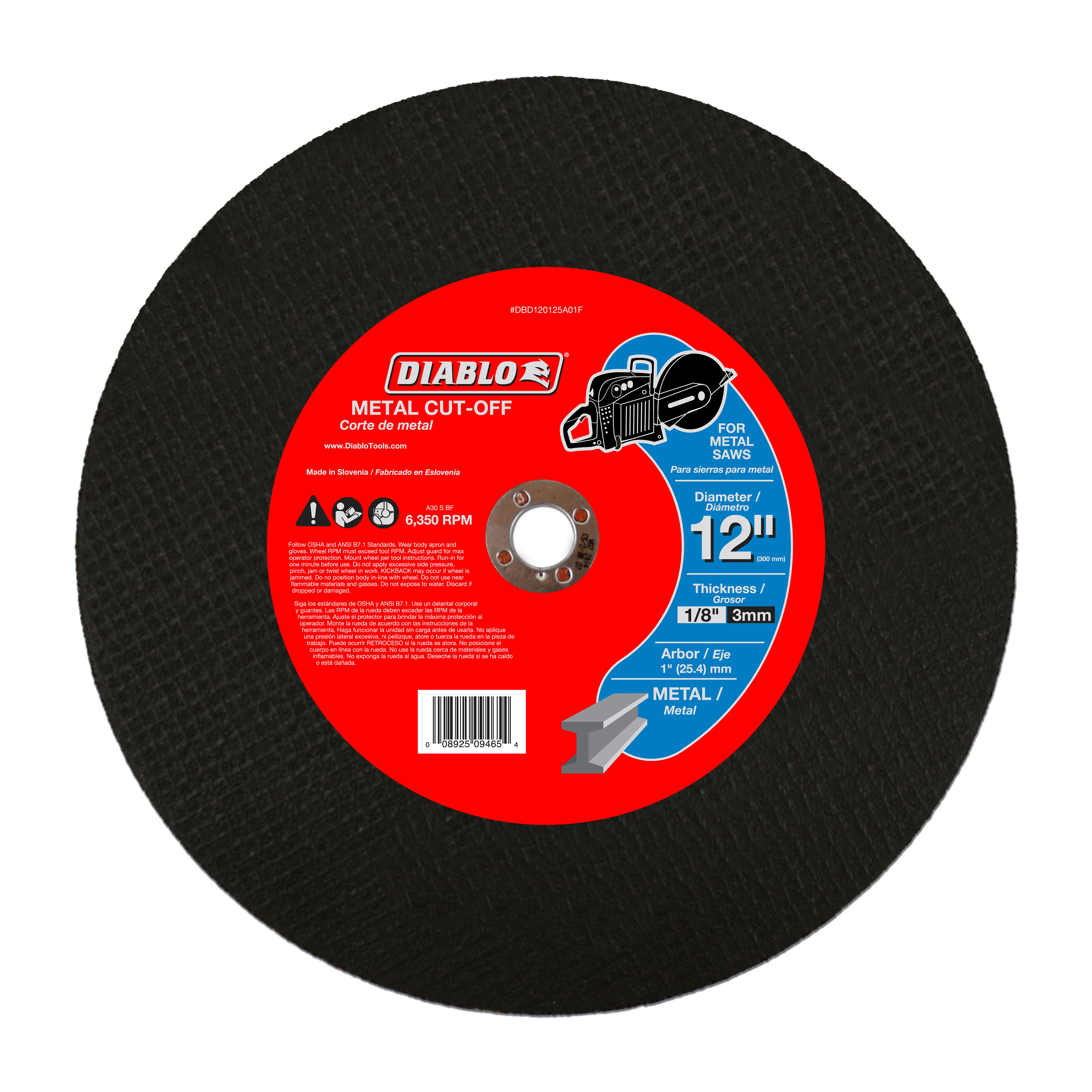 Black metal cut-off disc with red Diablo label showing 12 inch diameter and 1 inch arbor specifications.