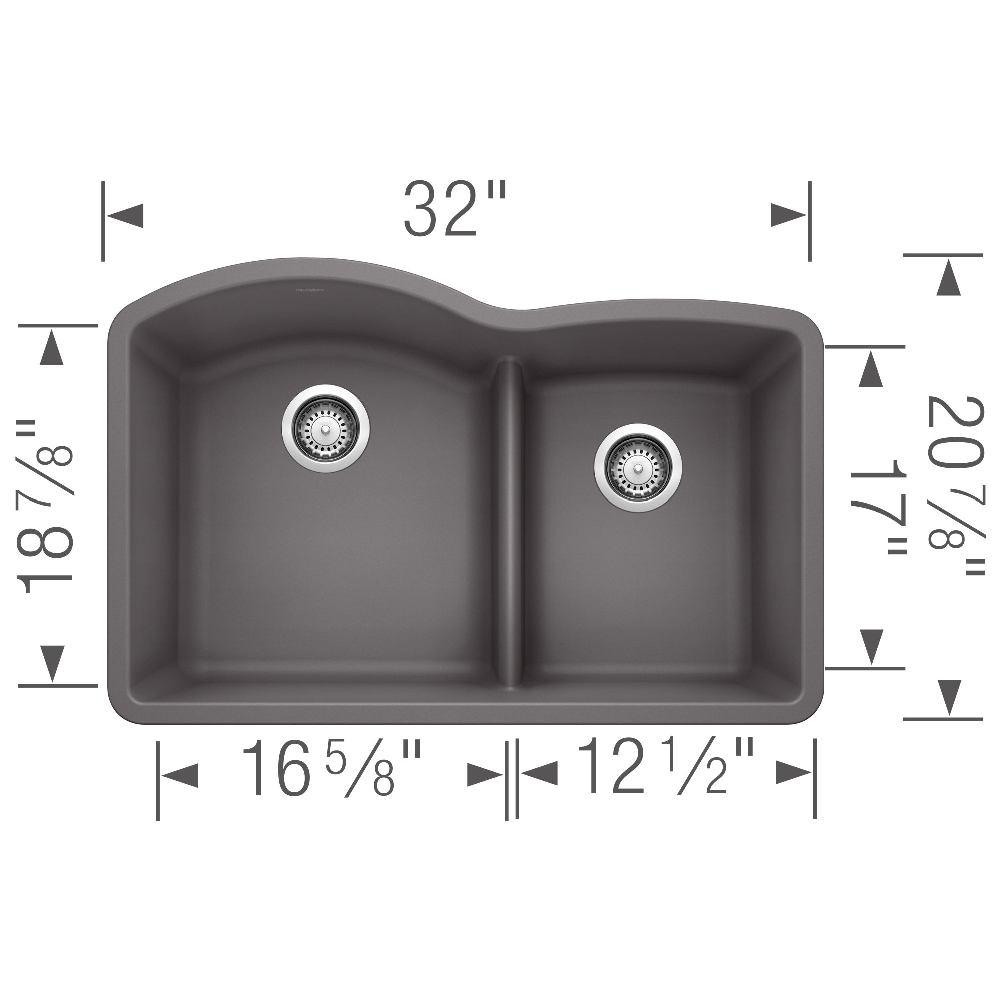 Cinder gray double bowl undermount sink with low divide, 32 inches wide, viewed from above with dimension specifications.