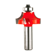 Freud beading router bit with red cutting head, steel shank, and metal bearing collar on white background.