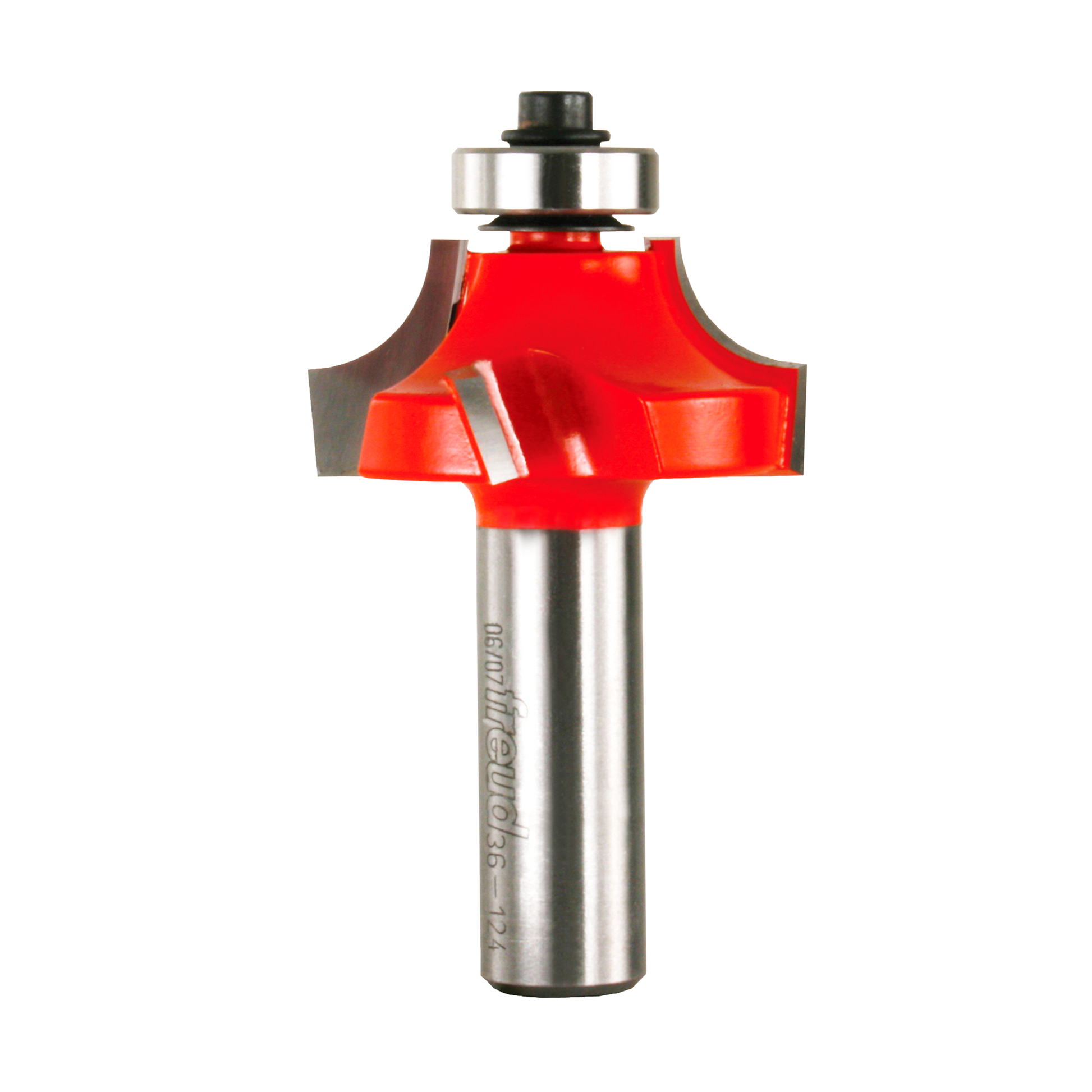 Freud beading router bit with red cutting head, steel shank, and metal bearing collar on white background.