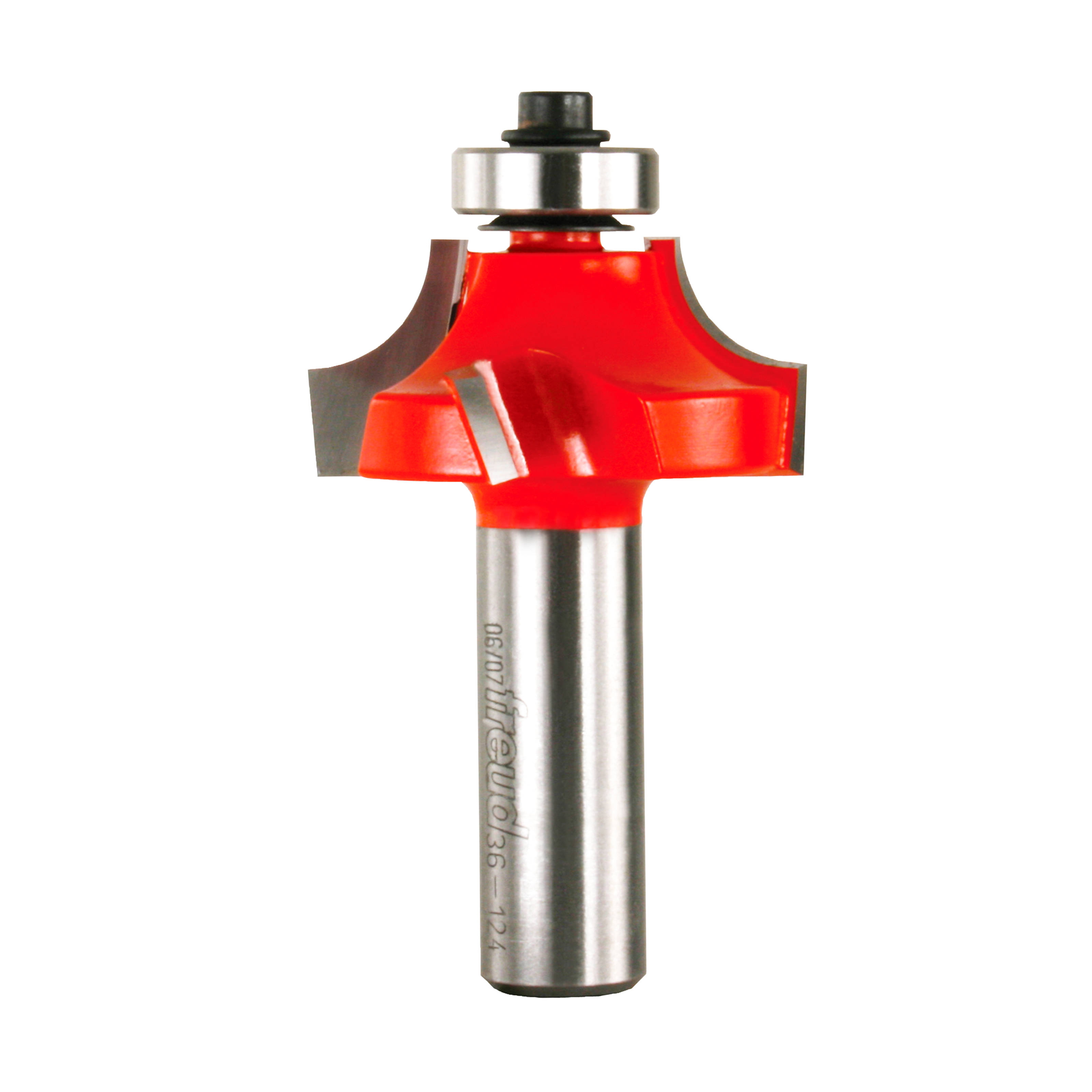 Freud beading router bit with red cutting head, steel shank, and metal bearing collar on white background.