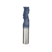 Half-inch diameter spiral router bit with blue chipbreaker head and metallic flute shaft on white background.