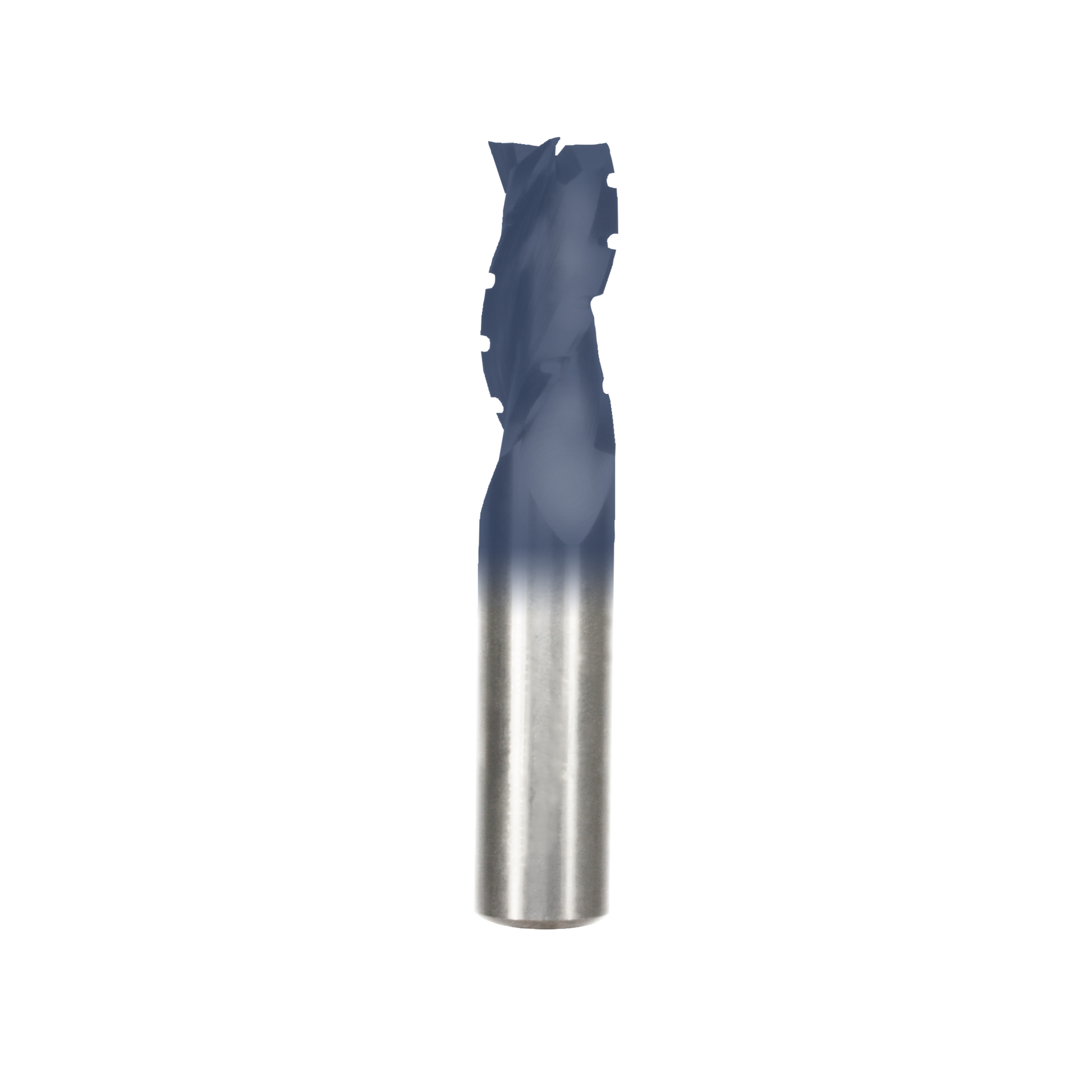 Half-inch diameter spiral router bit with blue chipbreaker head and metallic flute shaft on white background.