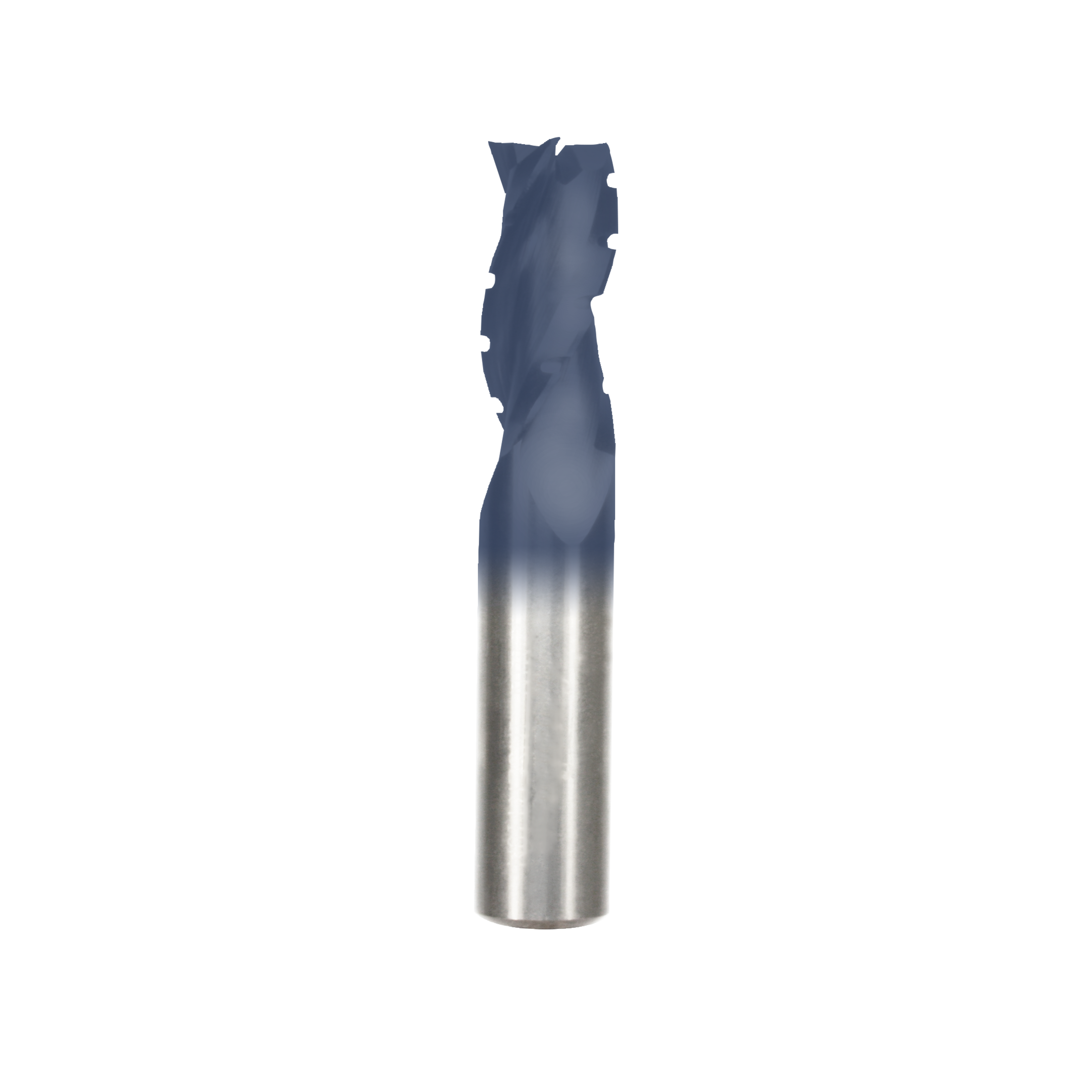 Half-inch diameter spiral router bit with blue chipbreaker head and metallic flute shaft on white background.