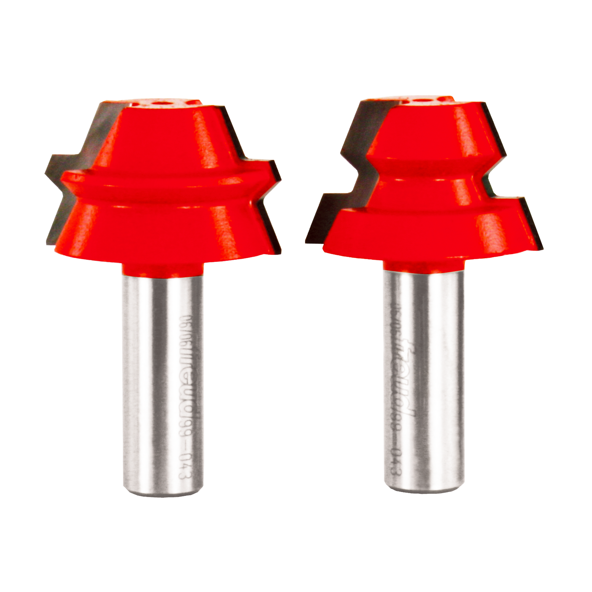 Two red lock miter router bits with silver metal shanks and notched cutting edges.