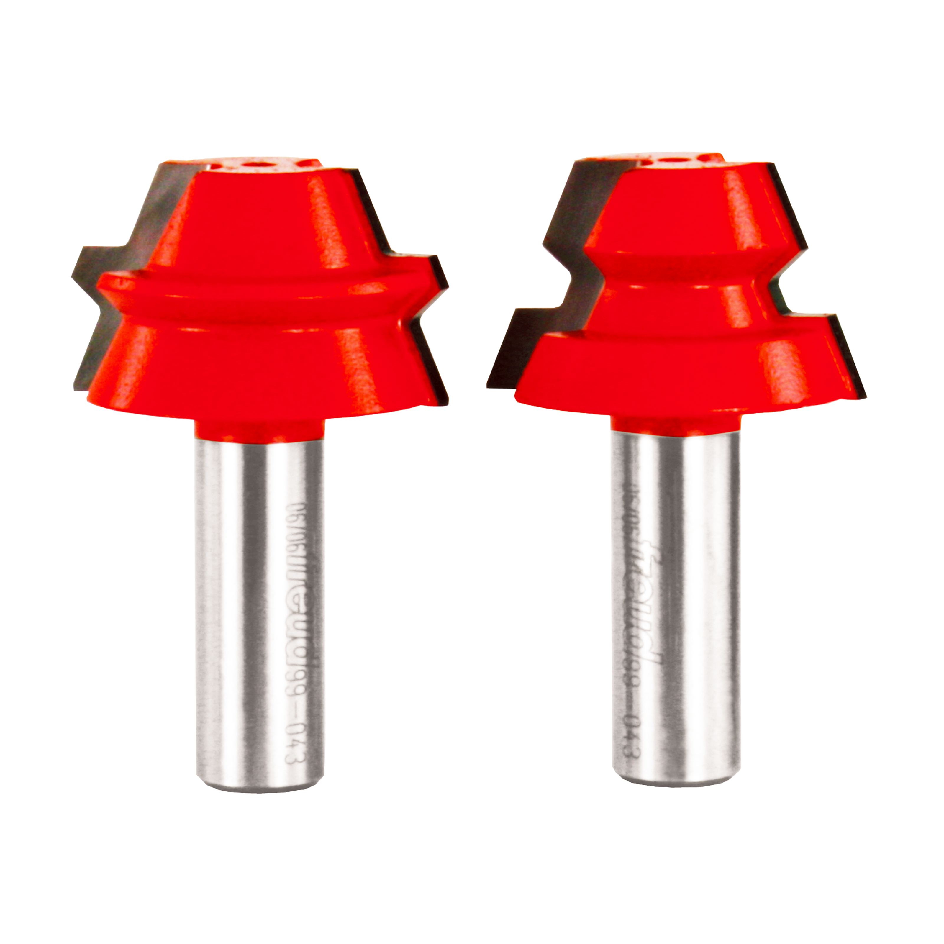 Two red lock miter router bits with silver metal shanks and notched cutting edges.