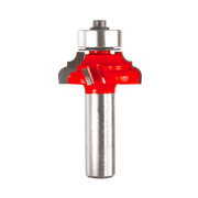 Red and silver router bit with classical cove and round profile design for woodworking applications.