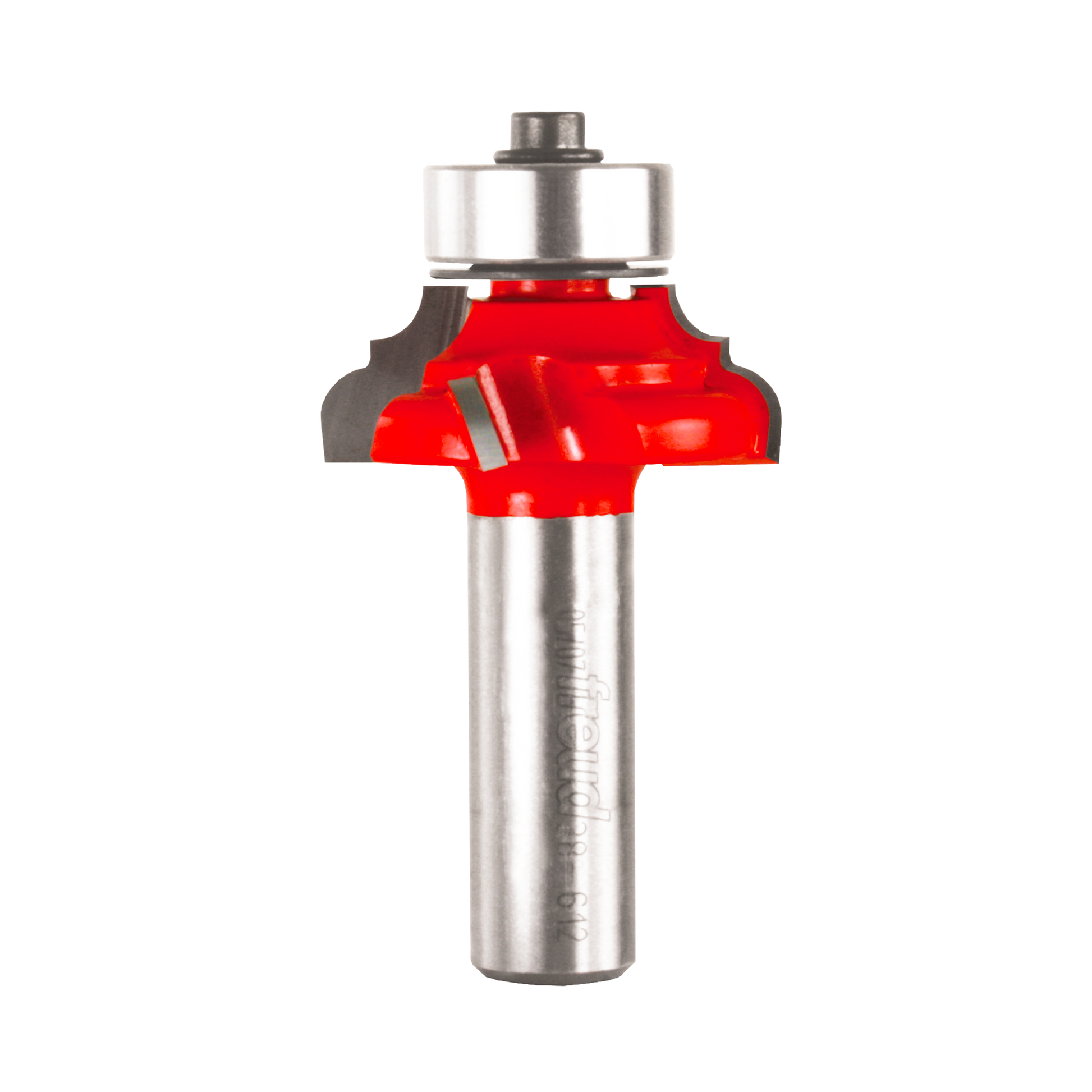 Red and silver router bit with classical cove and round profile design for woodworking applications.