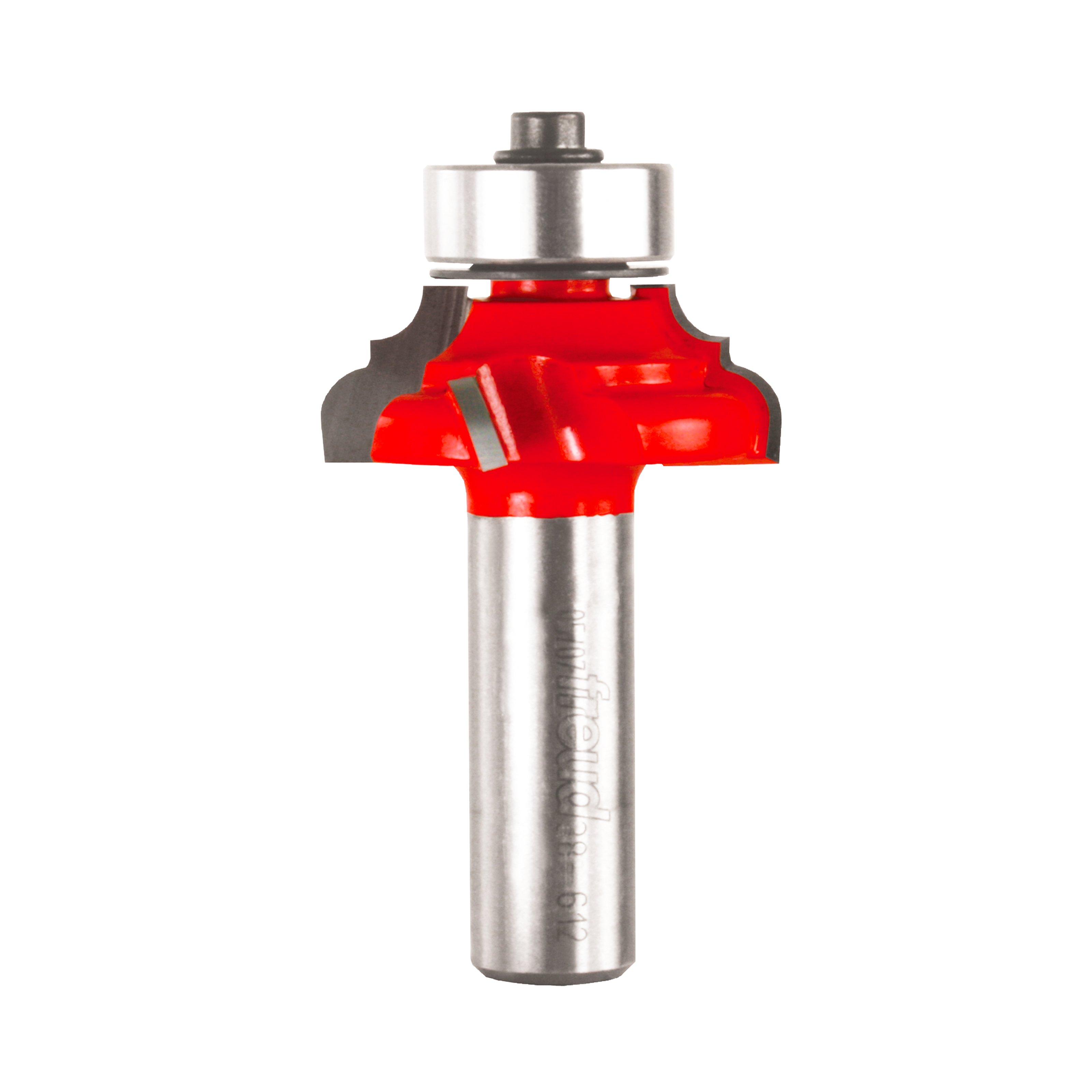 Red and silver router bit with classical cove and round profile design for woodworking applications.
