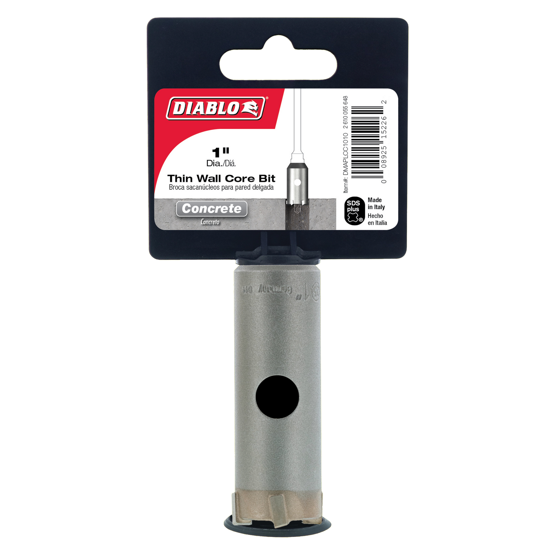 Diablo 1 inch SDS-Plus thin wall carbide tipped core bit for concrete with gray cylindrical body and segmented tip.