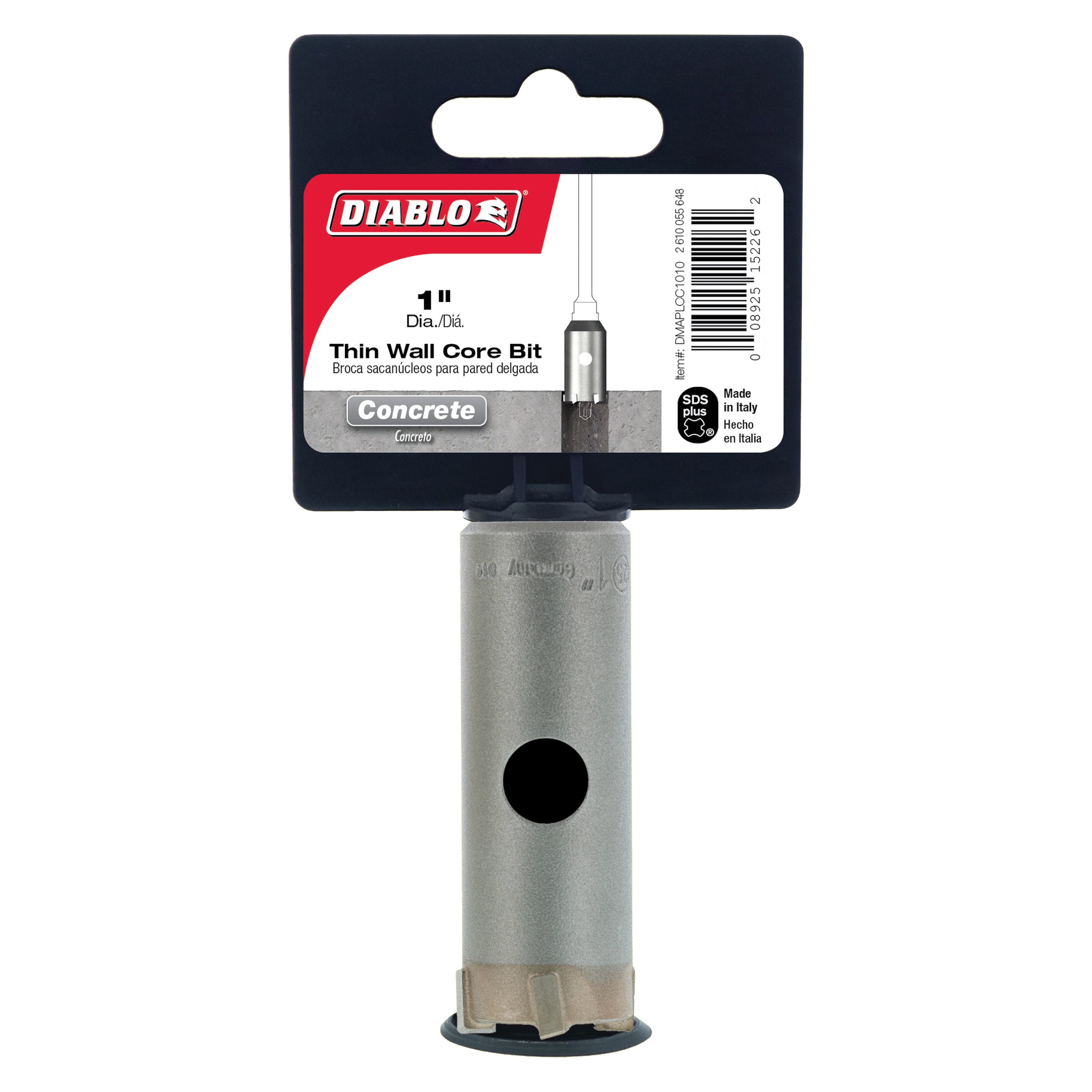Diablo 1 inch SDS-Plus thin wall carbide tipped core bit for concrete with gray cylindrical body and segmented tip.