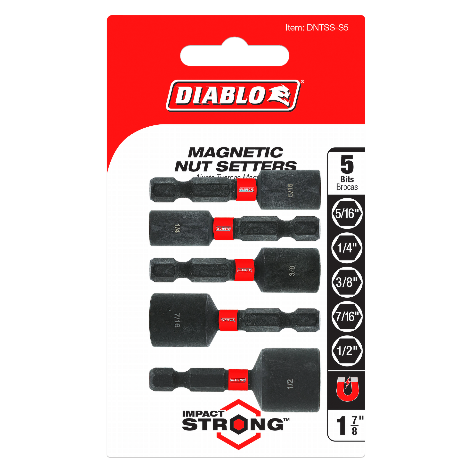 Five black magnetic nut setters in assorted sizes (5/16", 1/4", 3/8", 7/16", 1/2") on red packaging card.