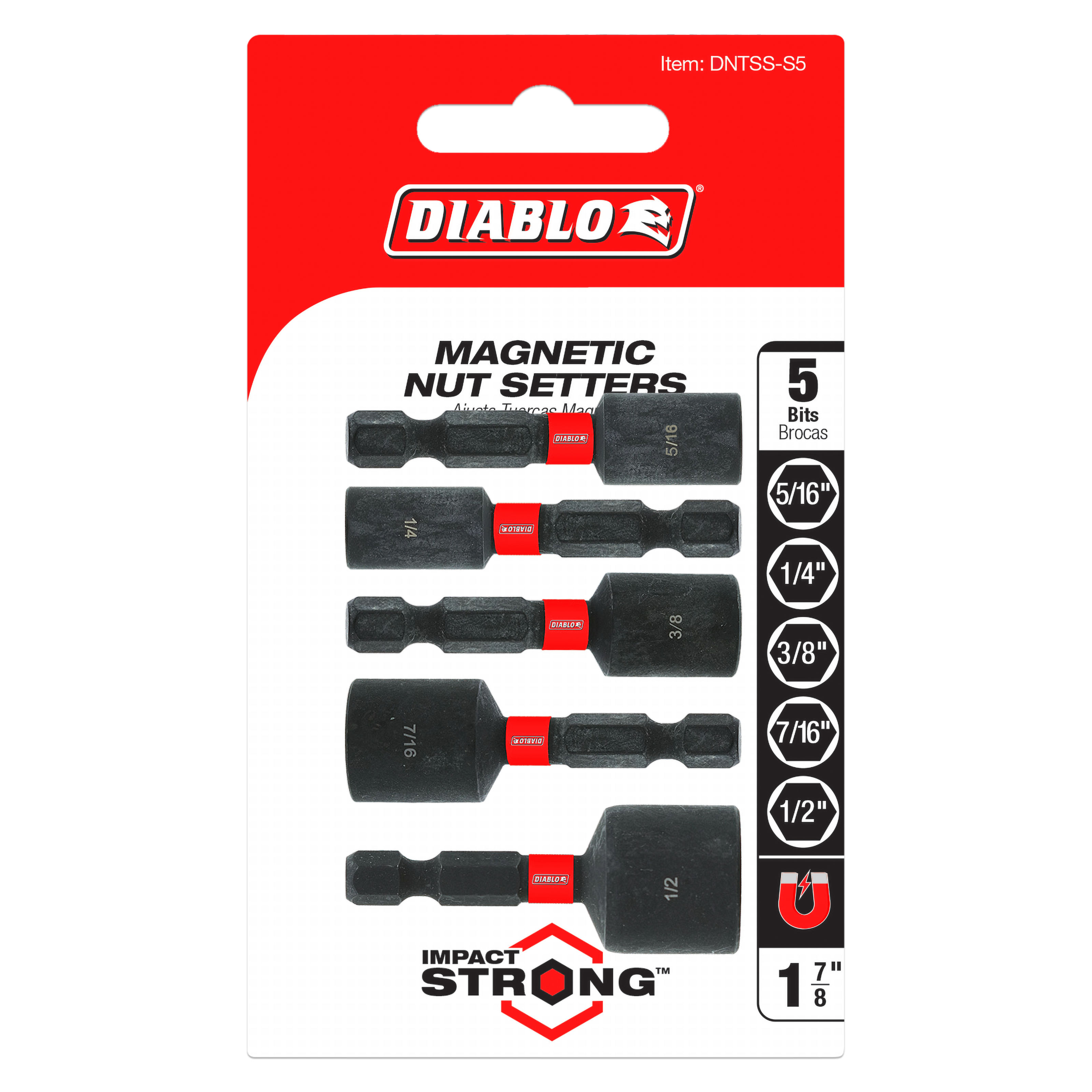 Five black magnetic nut setters in assorted sizes (5/16", 1/4", 3/8", 7/16", 1/2") on red packaging card.