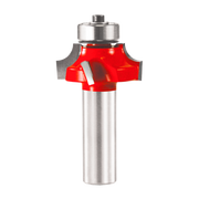 Router bit with red cutting head and silver shank, featuring curved cutting edges for beading profiles.